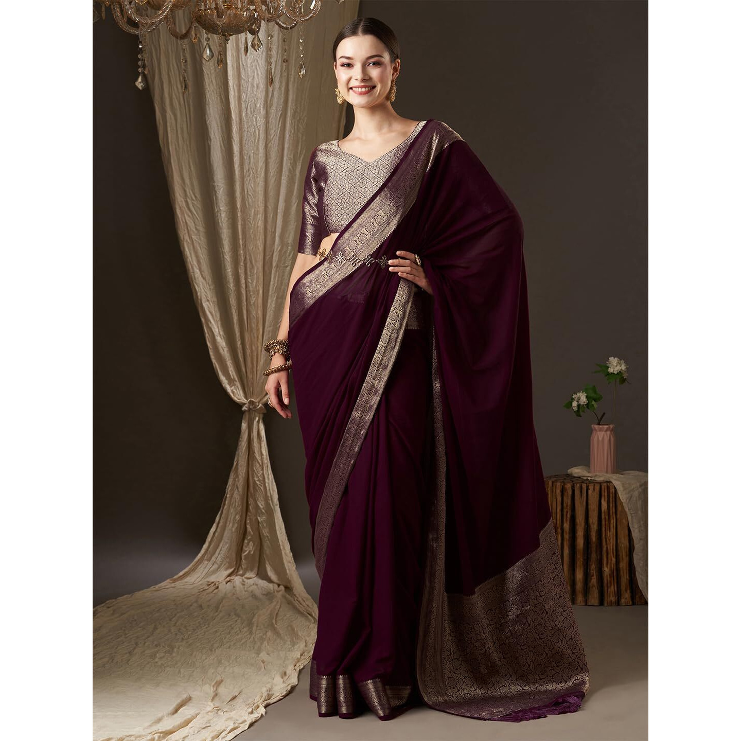 Akhilam Women's Woven Design Solid Georgette Kanjeevaram Saree With Unstiched Blouse Piece, Purple