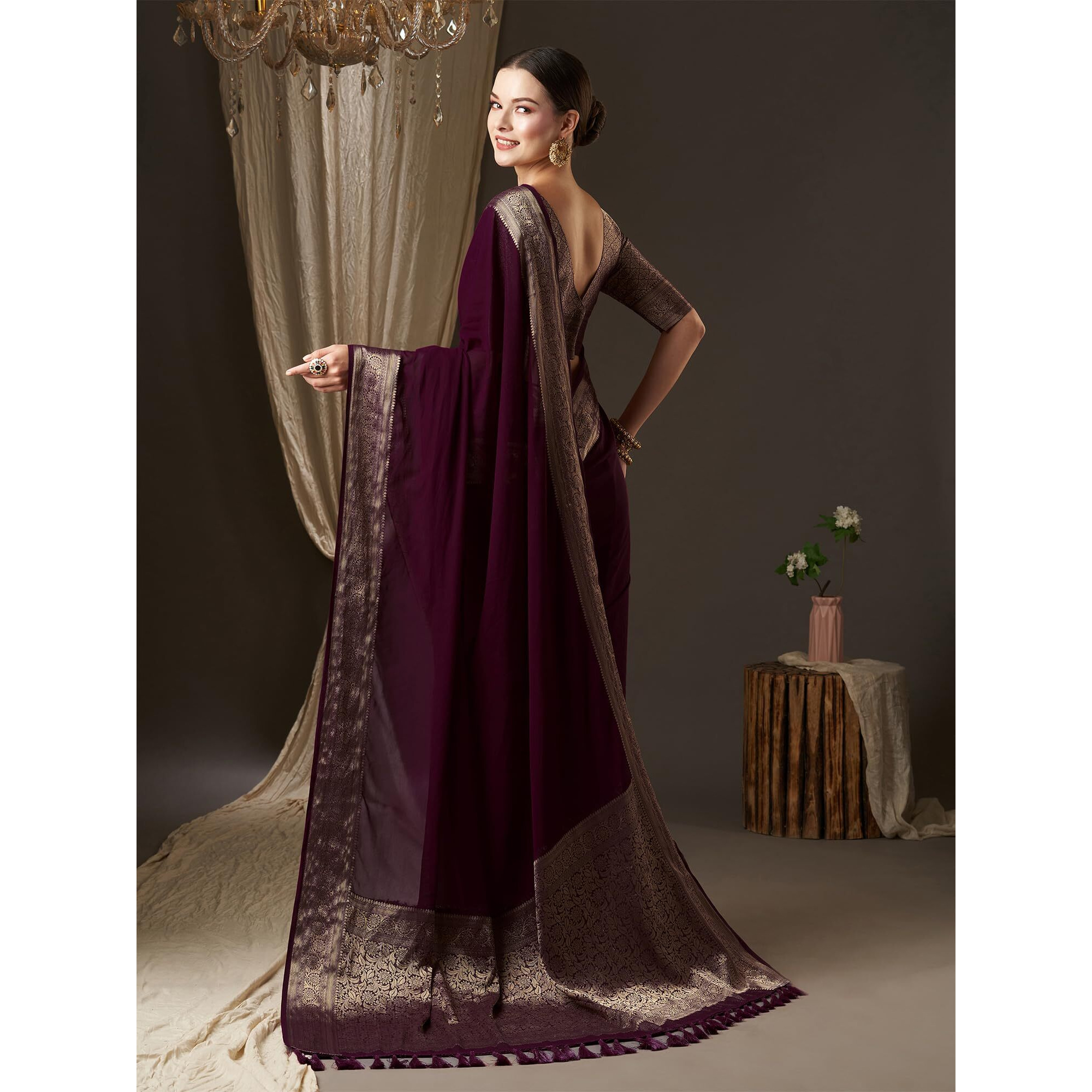 Akhilam Women's Woven Design Solid Georgette Kanjeevaram Saree With Unstiched Blouse Piece, Purple