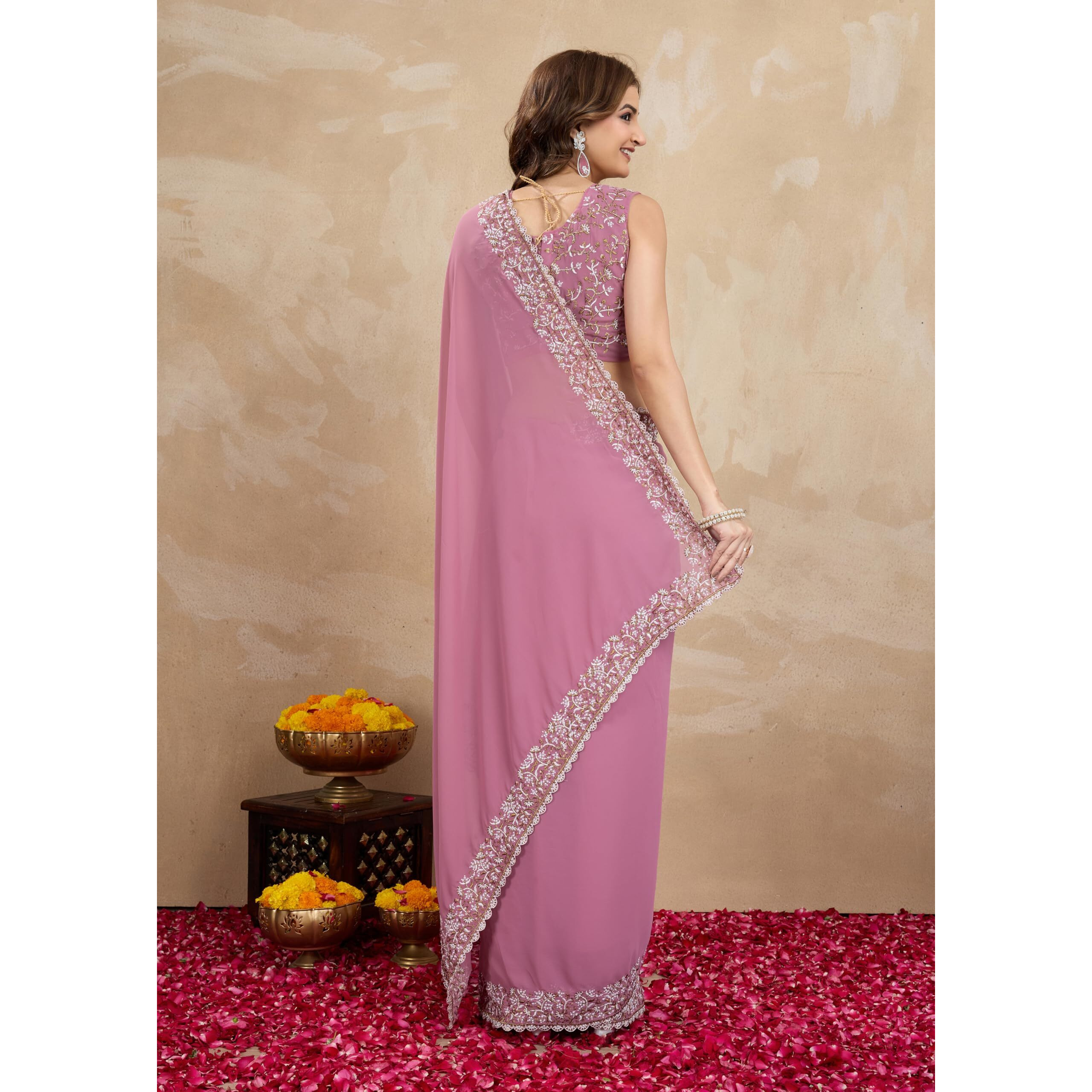 Trendmalls Women's Georgette Embroidery Sequin Work Saree With Unstitch Blouse Piece (K1001-Pink-)