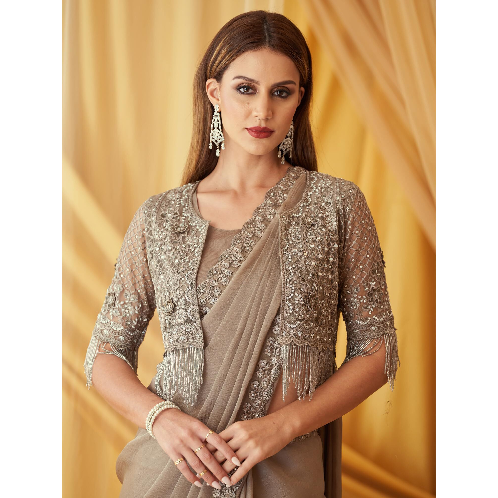 Akhilam Women's Georgette Embellished Saree With Unstitched Blouse Piece, Grey