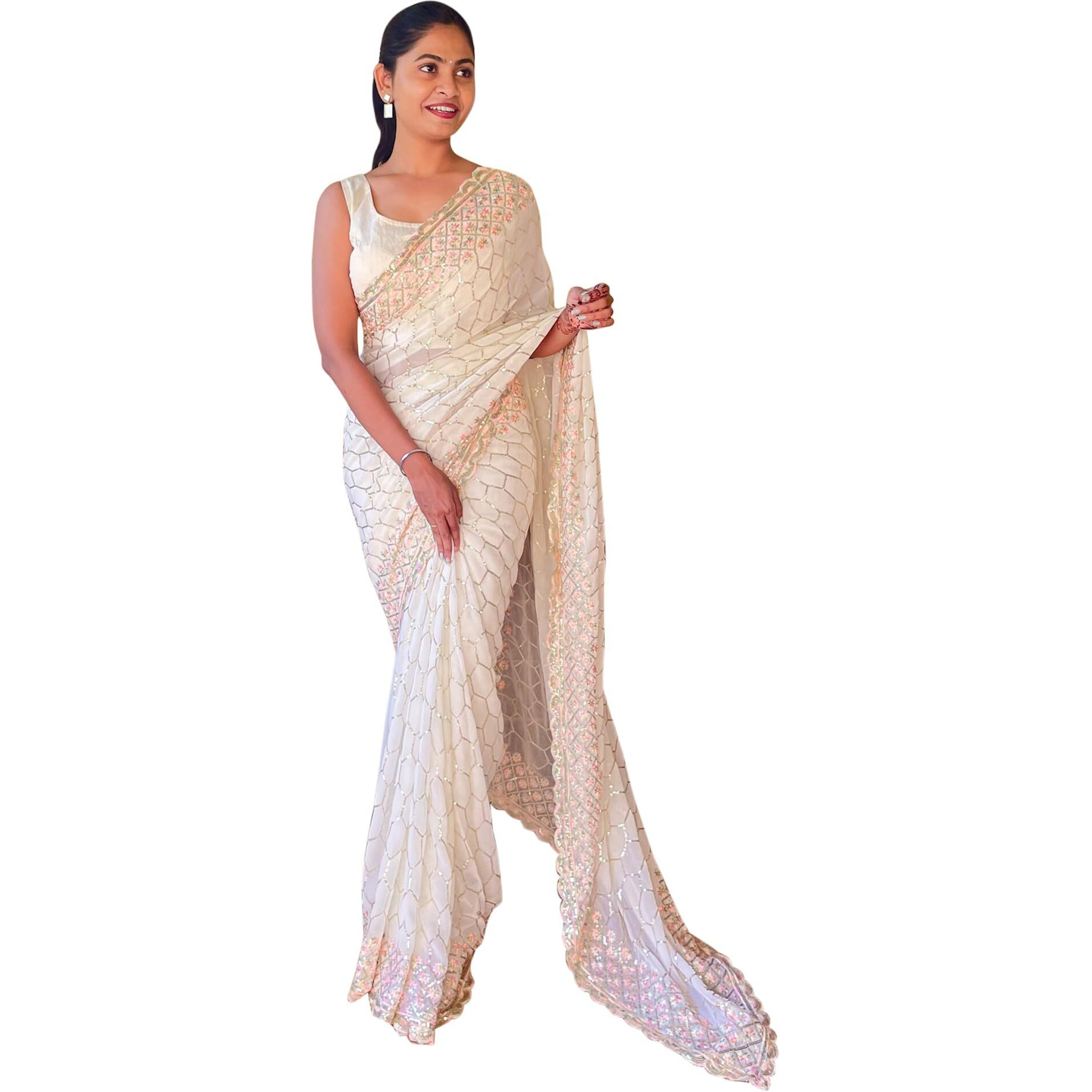 Akhilam Women's Georgette Embellished Designer Saree With Unstitched Blouse Piece (Off White_Kesari1801_Kr.)