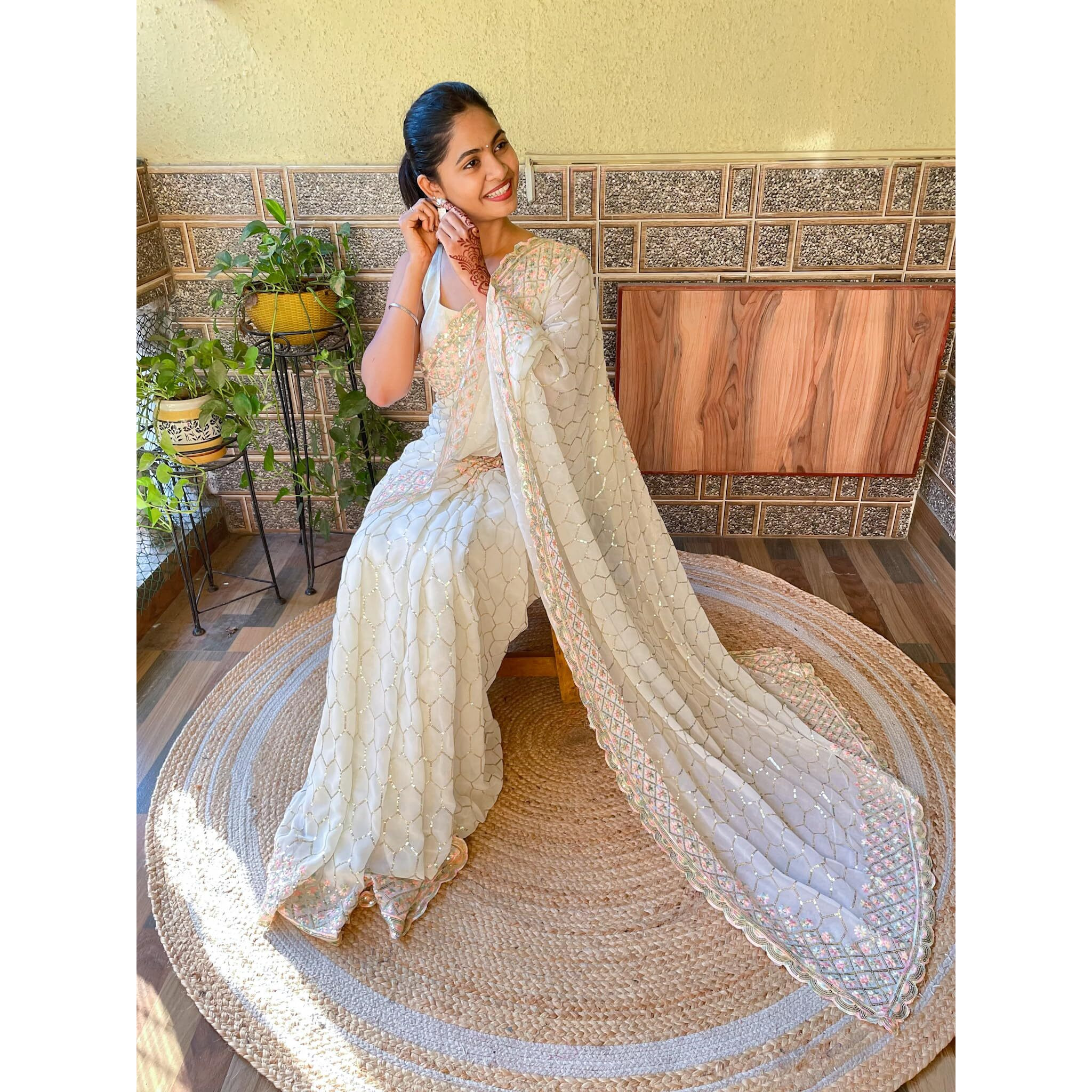 Akhilam Women's Georgette Embellished Designer Saree With Unstitched Blouse Piece (Off White_Kesari1801_Kr.)