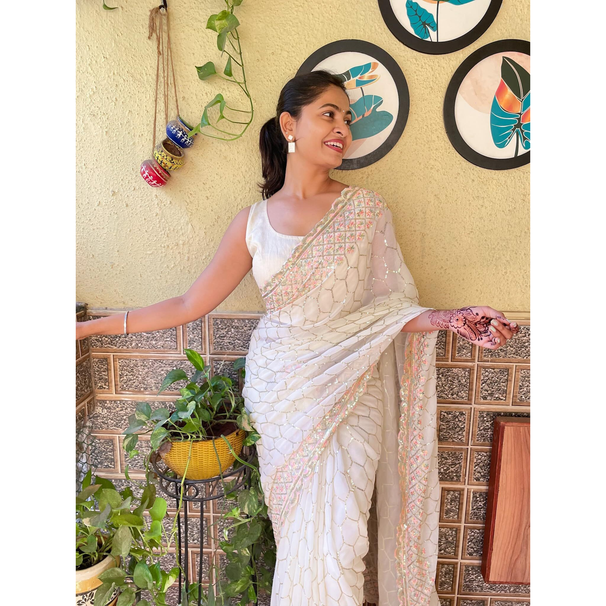 Akhilam Women's Georgette Embellished Designer Saree With Unstitched Blouse Piece (Off White_Kesari1801_Kr.)