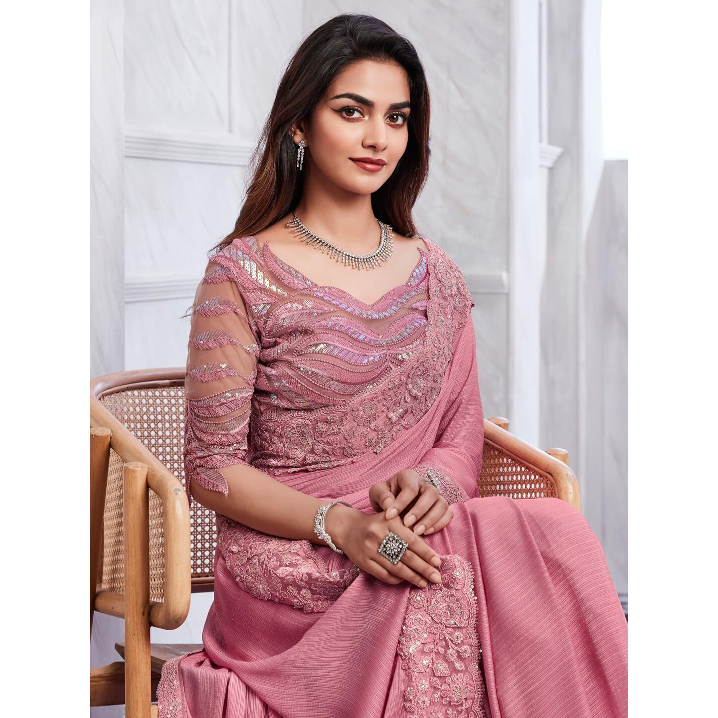 Akhilam Women's Georgette Embellished Saree With Unstitched Blouse Piece(Pink_Silver29003_Tfh)