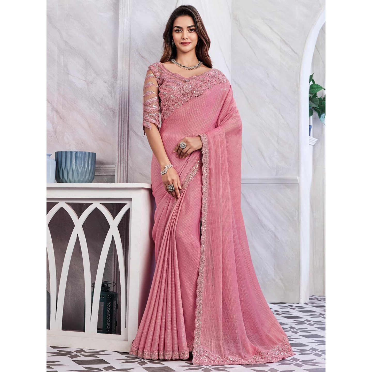 Akhilam Women's Georgette Embellished Saree With Unstitched Blouse Piece(Pink_Silver29003_Tfh)