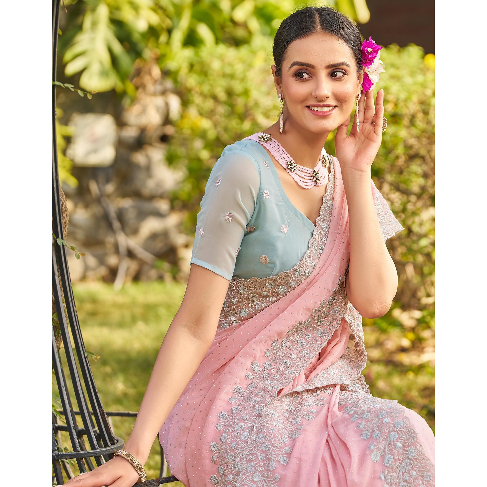 Siril Women's Georgette Embroidery Zari Work Saree With Unstitched Blouse Piece (3647S349_Baby Pink)