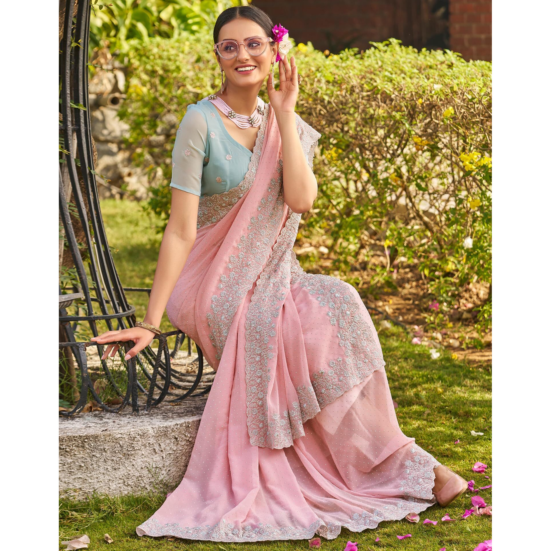 Siril Women's Georgette Embroidery Zari Work Saree With Unstitched Blouse Piece (3647S349_Baby Pink)