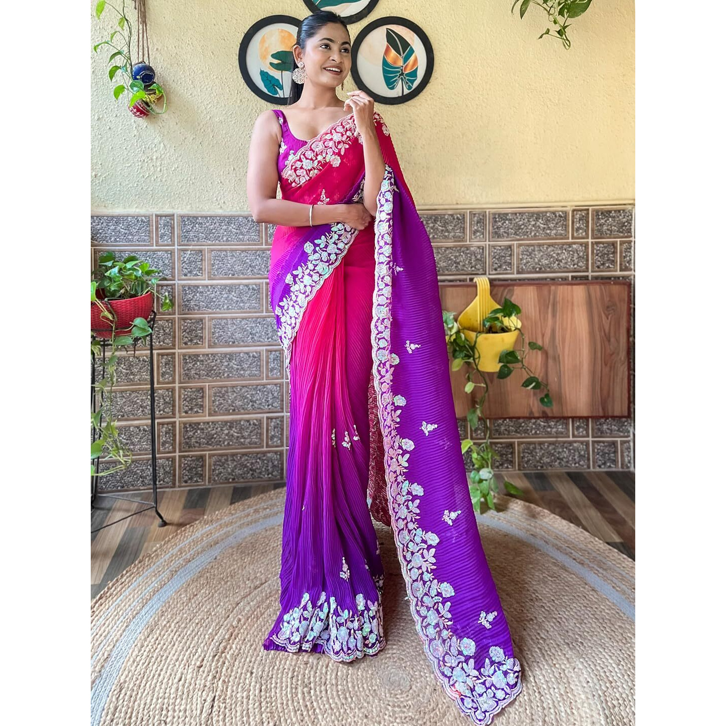 Akhilam Women's Pink Georgette Sequins Embellished Saree With Unstitched Blouse Piece (Kesari2908_Kr)