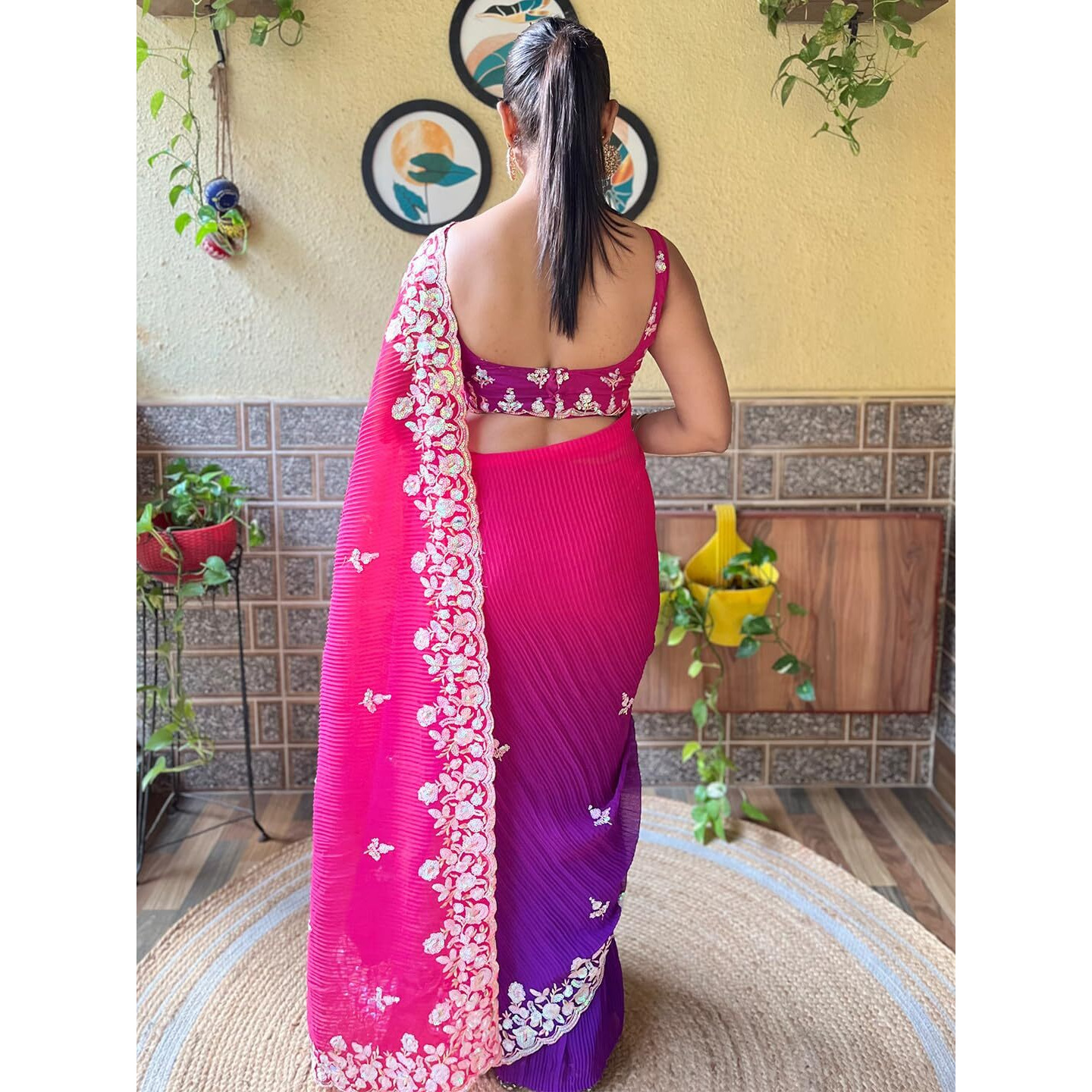 Akhilam Women's Pink Georgette Sequins Embellished Saree With Unstitched Blouse Piece (Kesari2908_Kr)
