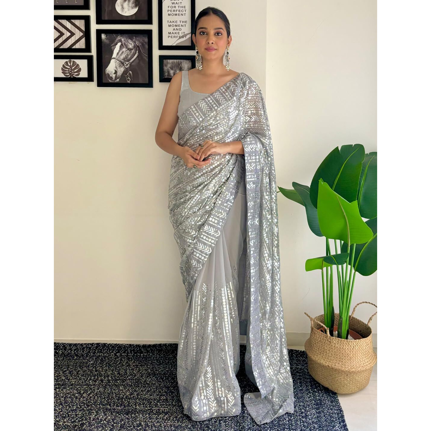 Akhilam Women's Grey Georgette Sequins Embellished Saree With Unstitched Blouse Piece (Kesari5101_Kr)