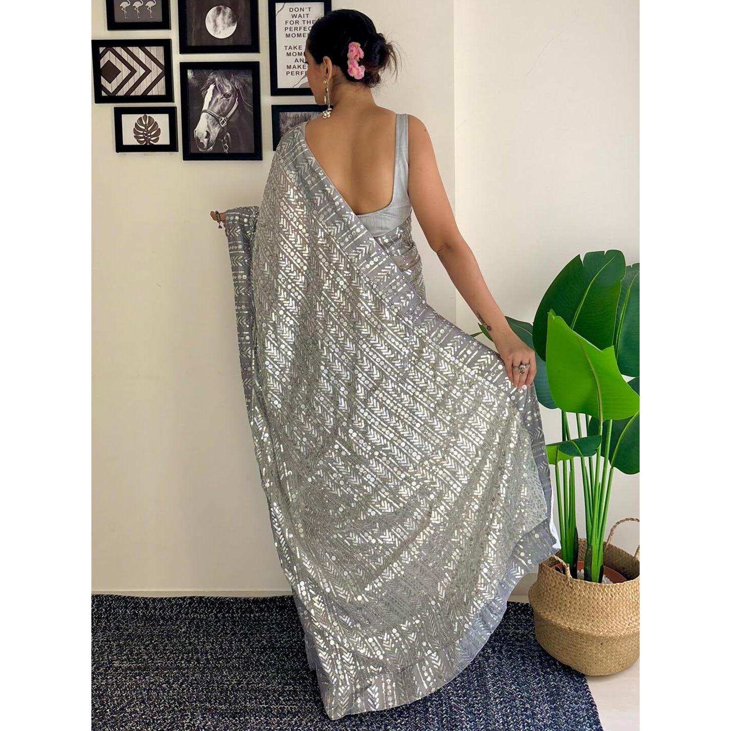 Akhilam Women's Grey Georgette Sequins Embellished Saree With Unstitched Blouse Piece (Kesari5101_Kr)