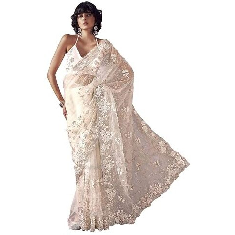 Womanista Women's Net Embroidered Saree (Ti6580_Cream)
