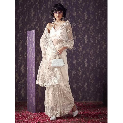 Womanista Women's Net Embroidered Saree (Ti6580_Cream)