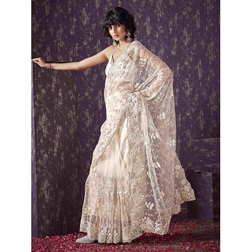 Womanista Women's Net Embroidered Saree (Ti6580_Cream)