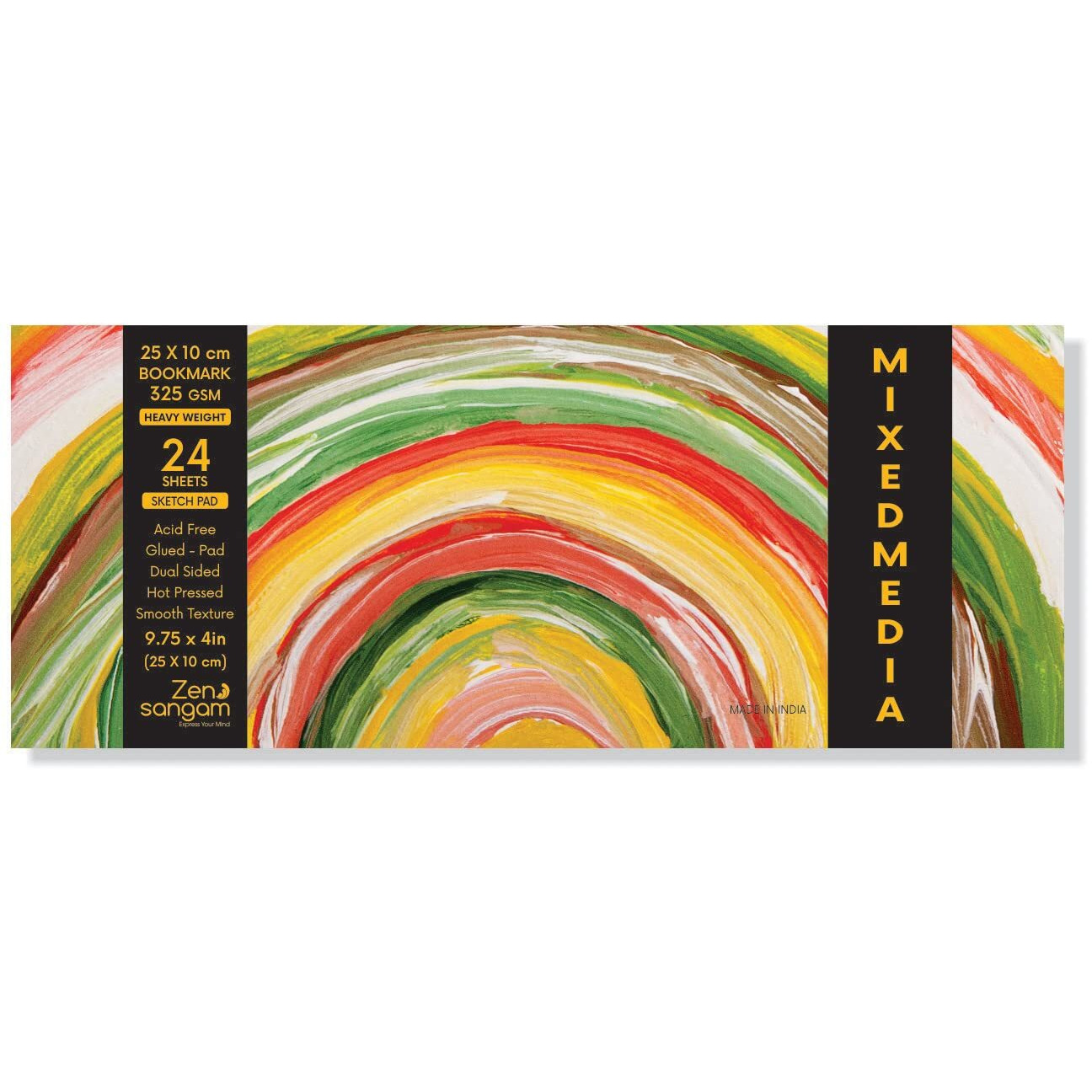 Zen Sangam Artists Bookmark Heavy Weight Mixed Media Glued Sketch Paper Pad - 325 Gsm, Hot Pressed - 24 Sheets - Smooth Texture Surface (25X10Cm) Heavy-Body Paints,Calligraphy And Brush Pen Lettering