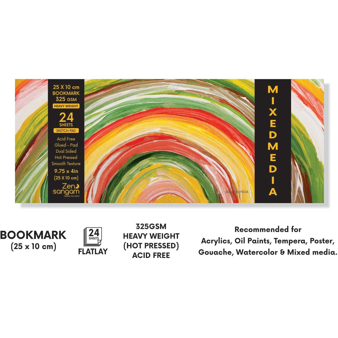 Zen Sangam Artists Bookmark Heavy Weight Mixed Media Glued Sketch Paper Pad - 325 Gsm, Hot Pressed - 24 Sheets - Smooth Texture Surface (25X10Cm) Heavy-Body Paints,Calligraphy And Brush Pen Lettering