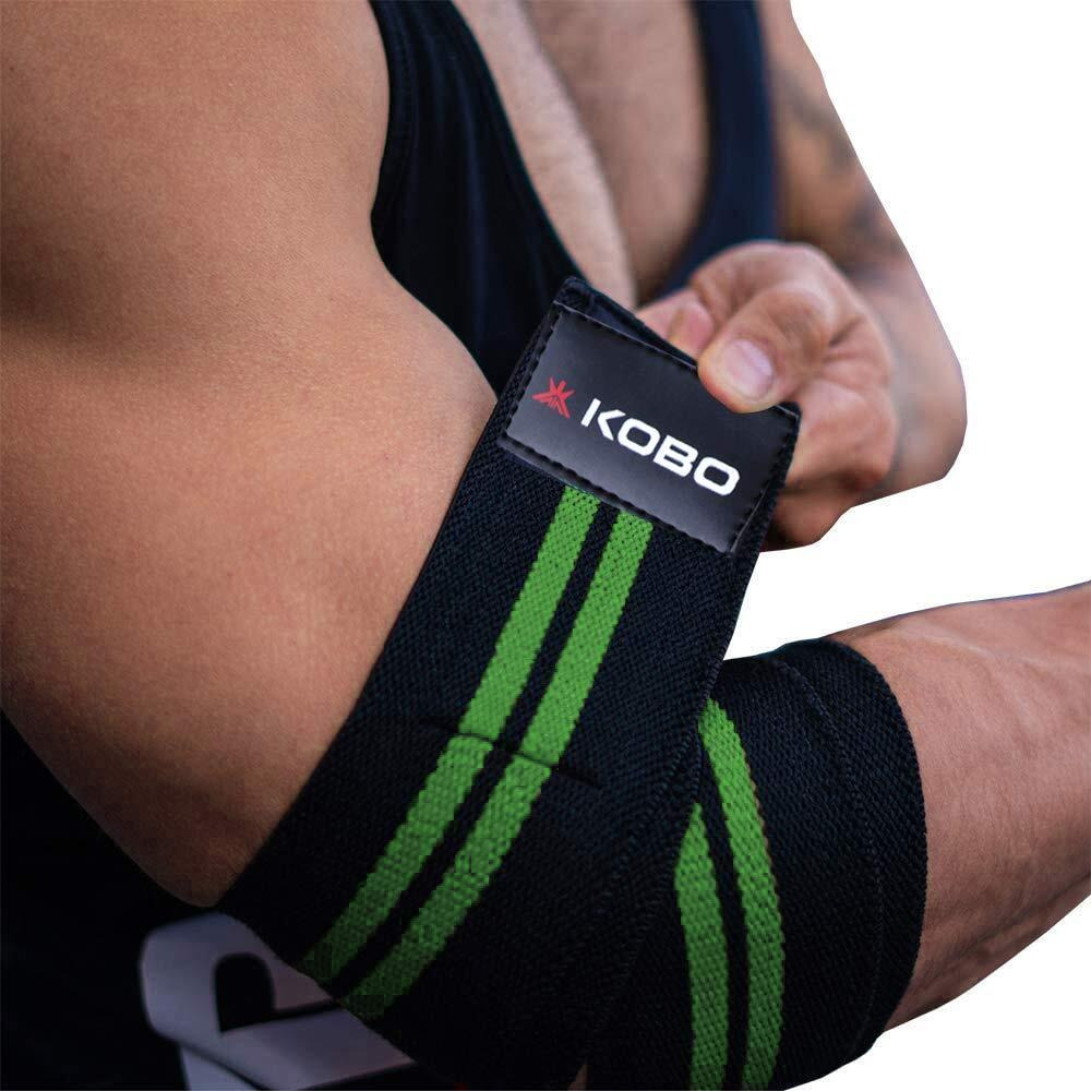 Kobo Wta-44-Black-Green Elbow Wrap Wta-44 Weight Lifting Elbow Wraps Heavy Duty Elastic Compression Support, Free Size (Black/Green)