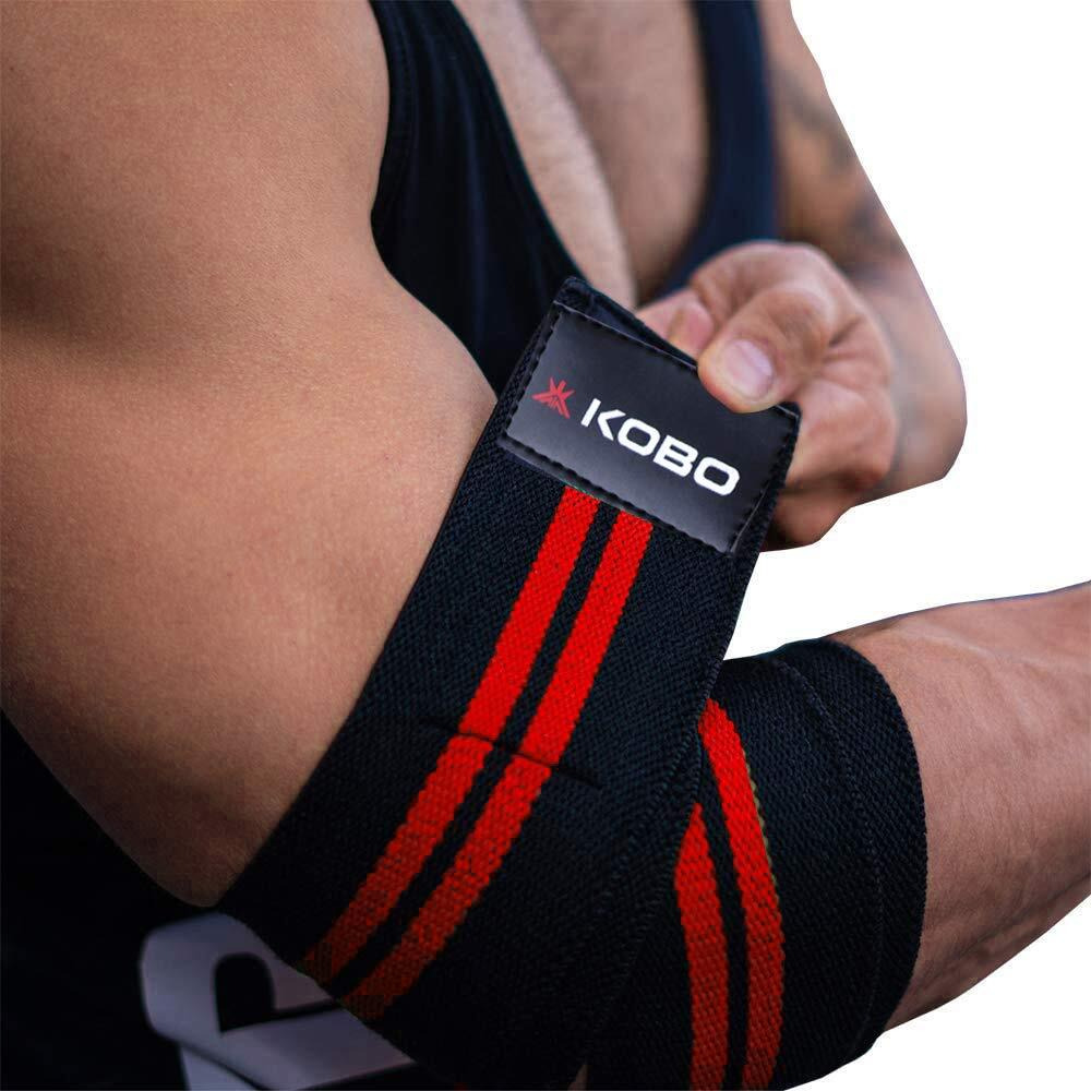 Kobo Wta-44-Black-Red Elbow Wrap Wta-44 Weight Lifting Elbow Wraps Heavy Duty Elastic Compression Support, Free Size (Black/Red)