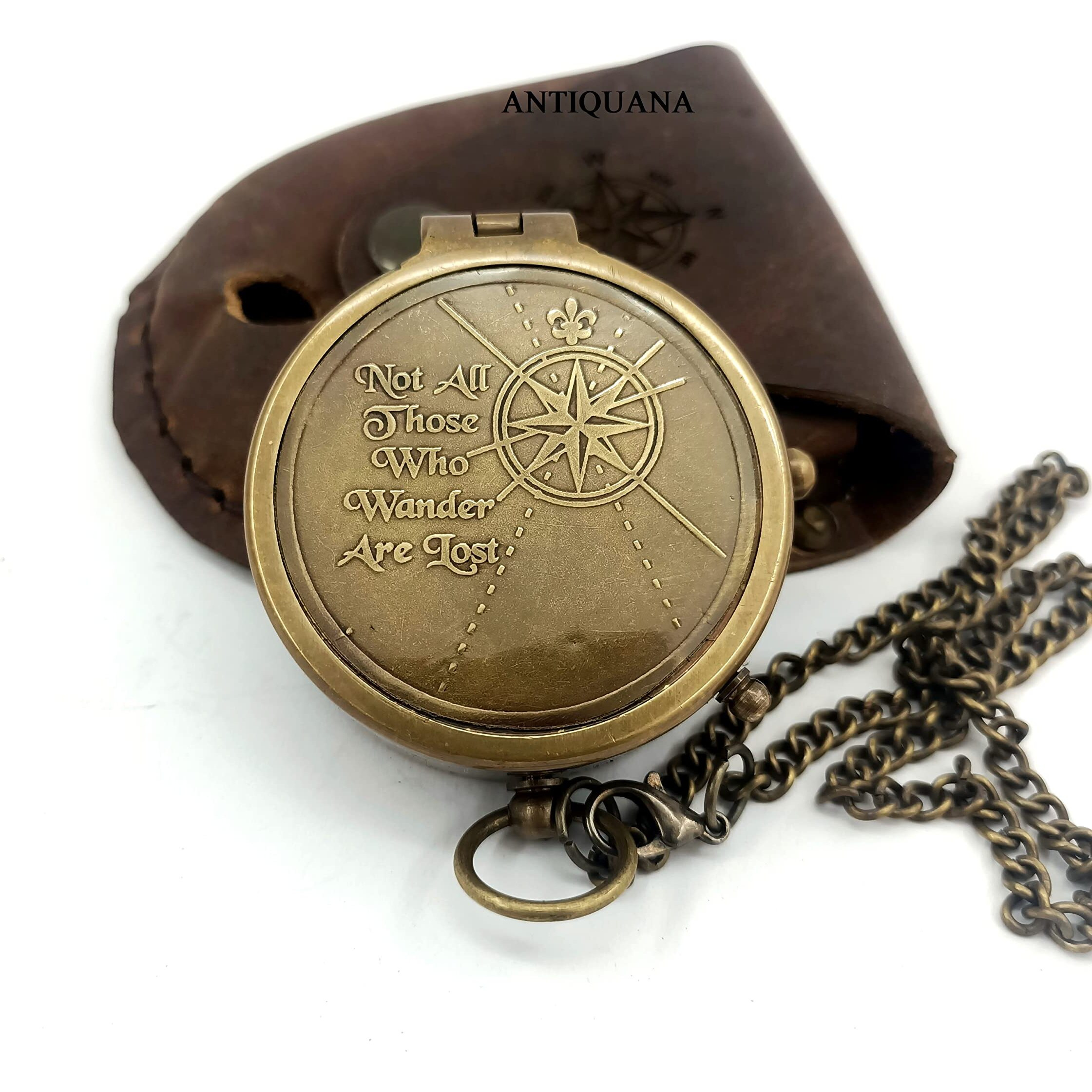 Antiquana Brass Compass Unique Print 'Not All Those Who Wander Are Lost' Engraved Compass With Leather Case And Chain A Great Gift Item For Your Loved Ones