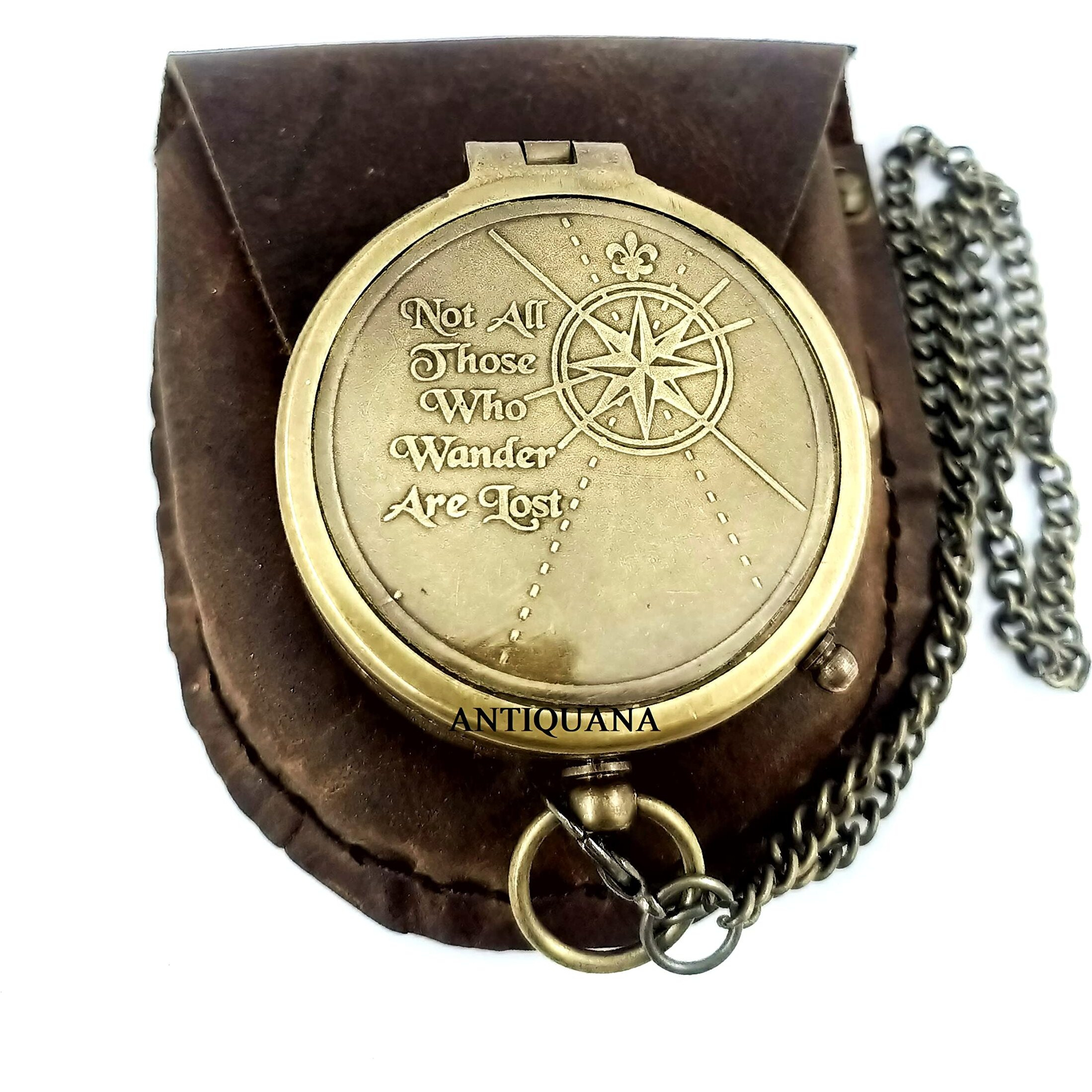 Antiquana Brass Compass Unique Print 'Not All Those Who Wander Are Lost' Engraved Compass With Leather Case And Chain A Great Gift Item For Your Loved Ones