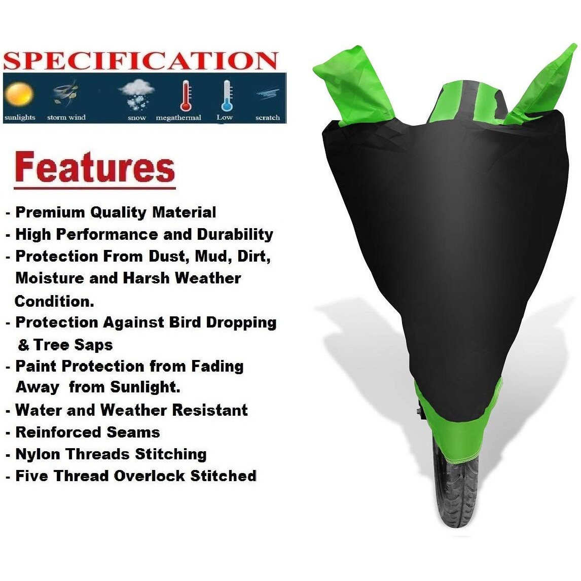 Auto Hub Bike Cover Compatible With Re Interceptor 650 With Mirror Pocket,Dustproof, Windproof, Belt Buckle, Super Interceptor 650 Bike Cover- Black-Green - 1 Unit