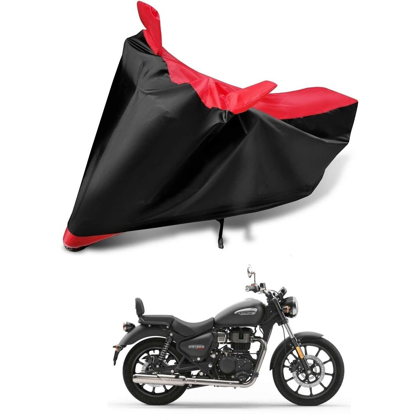 Auto Hub Bike Cover Compatible With Re Super Meteor - Mirror Pocket, Dustproof, Windproof, Belt Buckle - Black-Red (1 Unit)