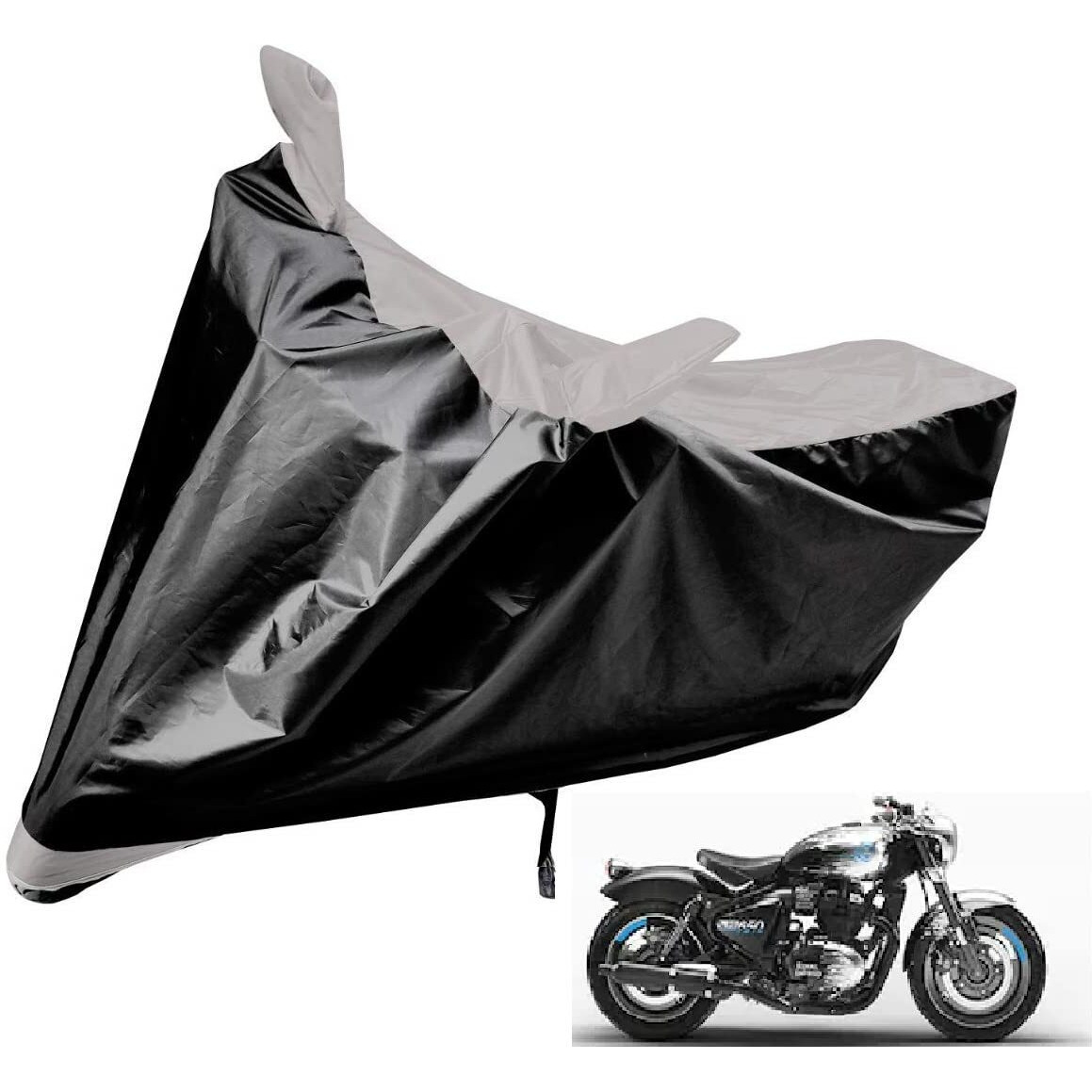 Auto Hub Bike Cover Compatible With Re Shotgun 650 With Mirror Pocket,Dustproof, Windproof, Belt Buckle, Super Shotgun 650 Bike Cover- Black-Silver - 1 Unit