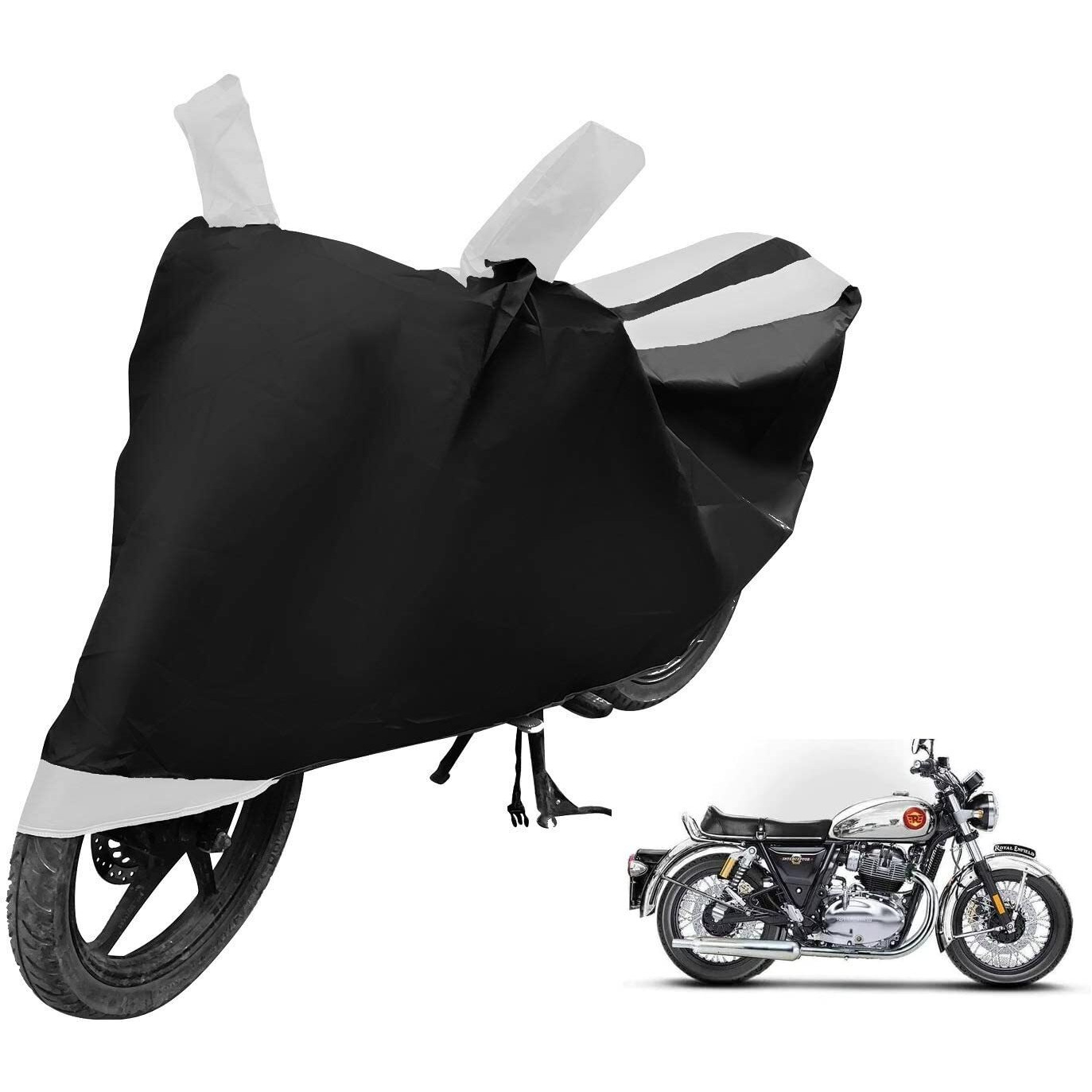 Auto Hub Bike Cover Compatible With Re Interceptor 650 With Mirror Pocket,Dustproof, Windproof, Belt Buckle, Super Interceptor 650 Bike Cover- Black-White - 1 Unit