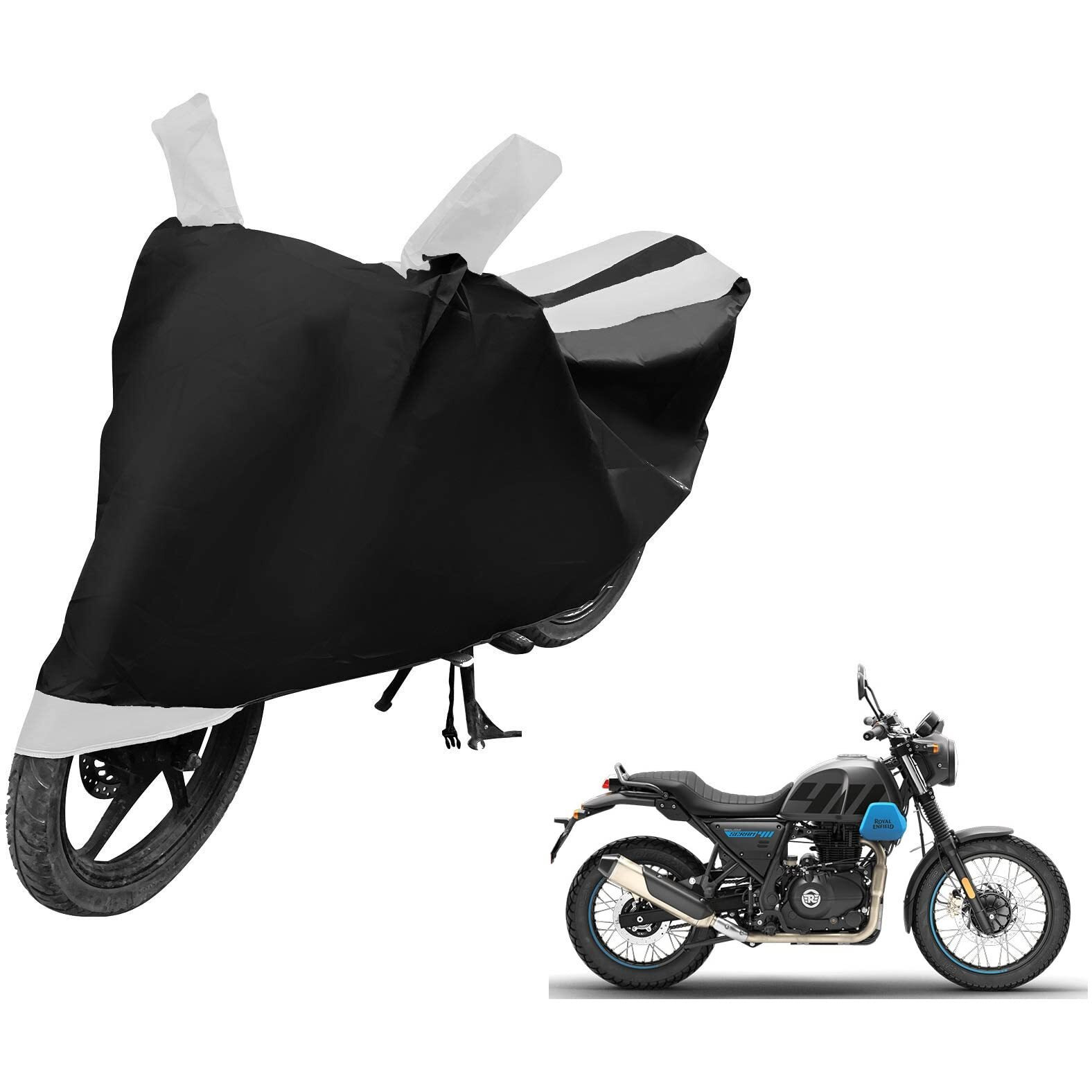 Auto Hub Bike Cover Compatible With Re Scram 411 With Mirror Pocket,Dustproof, Windproof, Belt Buckle, Super Scram 411 Bike Cover- Black-White - 1 Unit