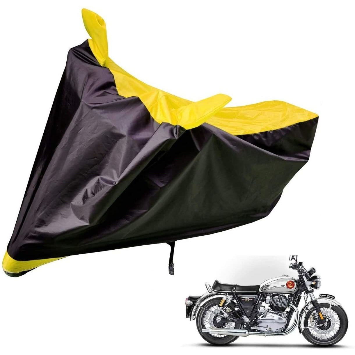 Auto Hub Bike Cover Compatible With Re Interceptor 650 With Mirror Pocket,Dustproof, Windproof, Belt Buckle, Super Interceptor 650 Bike Cover- Black-Yellow - 1 Unit