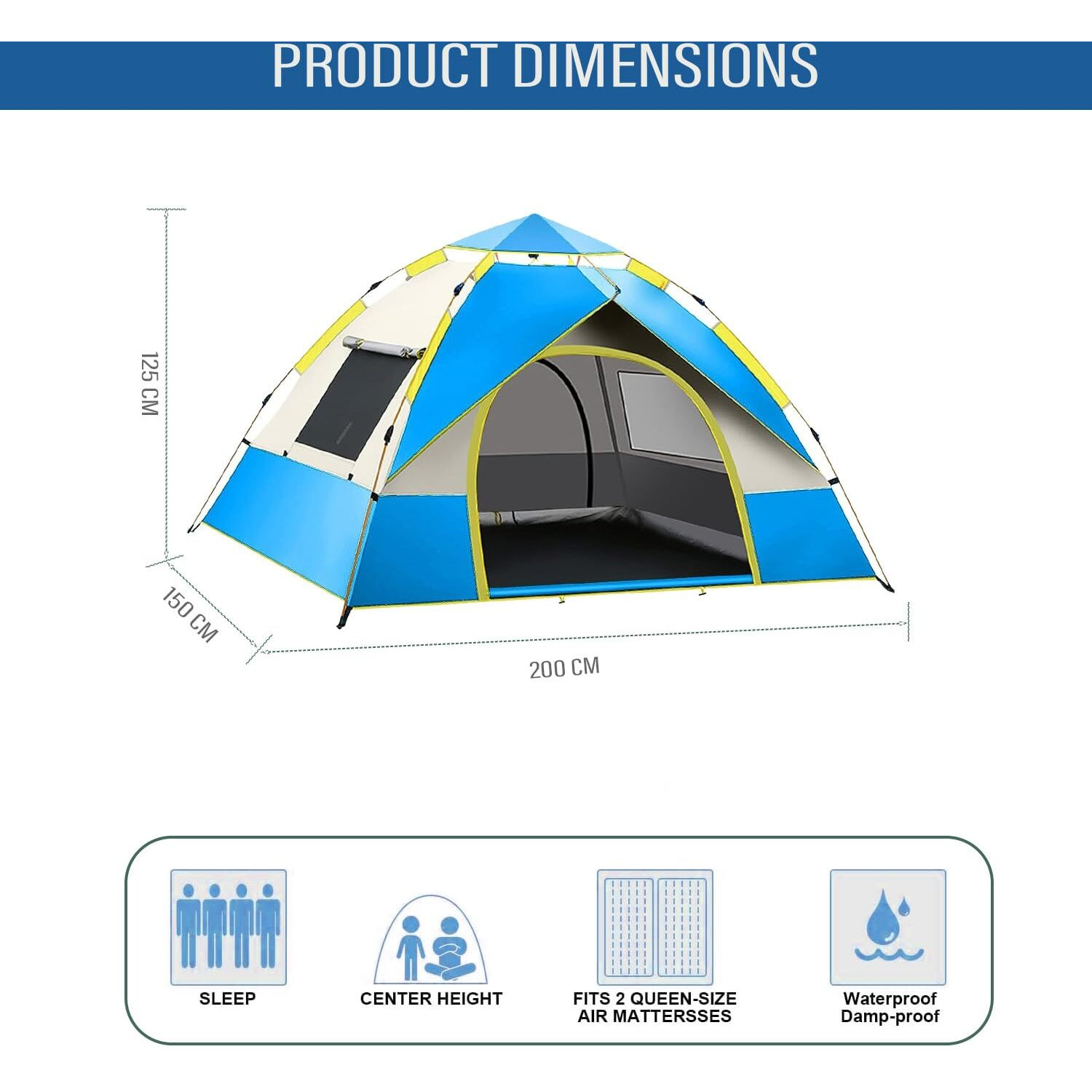 Hacer Camping Spring Tent For 3 Person 2 Doors 210D+170T Fabric Lightweight Backpacking Waterproof Windproof Portable Cabin For 2 To 3 Persons Suitable For Hiking (Blue, 1 Pc)