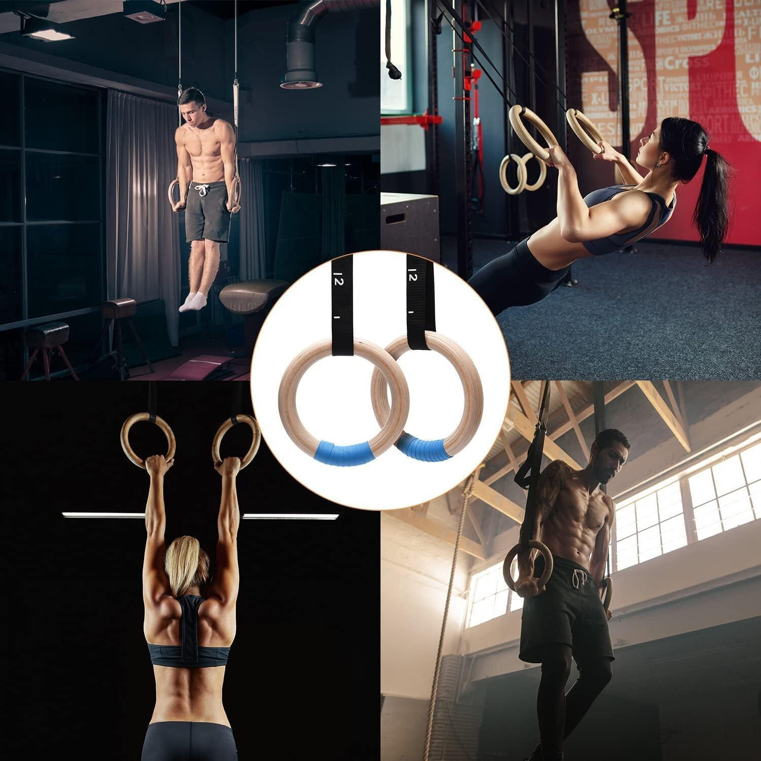 Boffle Wood Gymnastics Rings With Adjustable Cam Buckle Straps Exercise Non-Slip Training For Home Gym Full Body Workout.