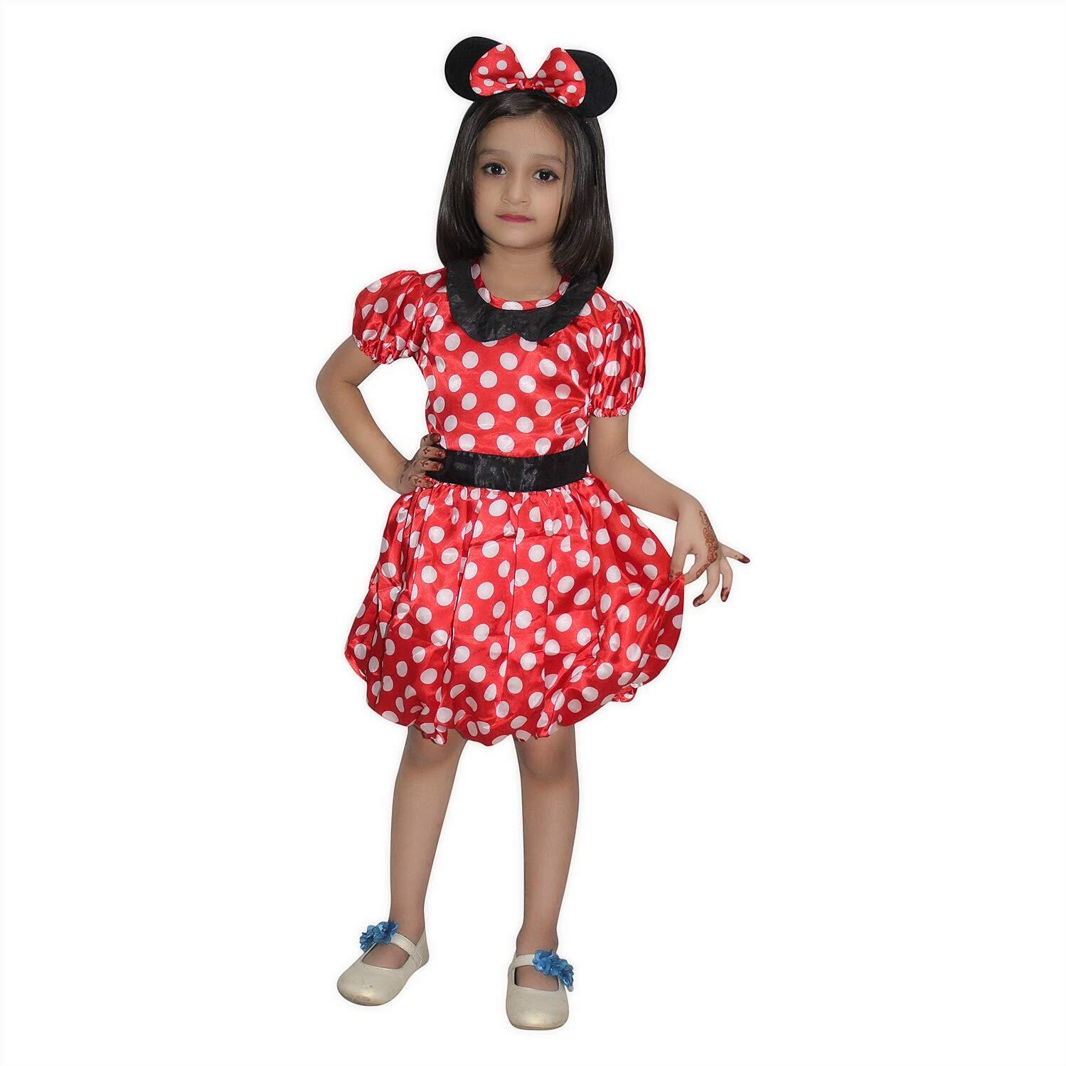 Kaku Fancy Dresses Minnie Girl Cartoon Costume -Red & White, 5-6 Years Kids