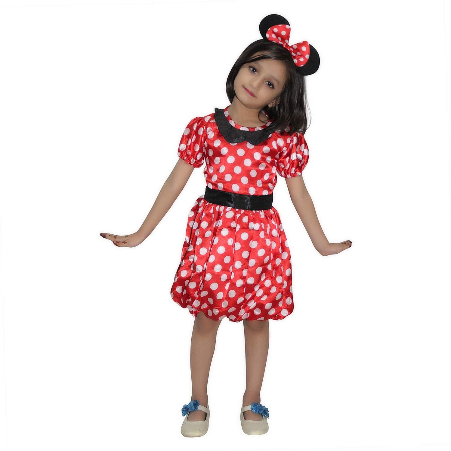 Kaku Fancy Dresses Minnie Girl Cartoon Costume -Red & White, 5-6 Years Kids