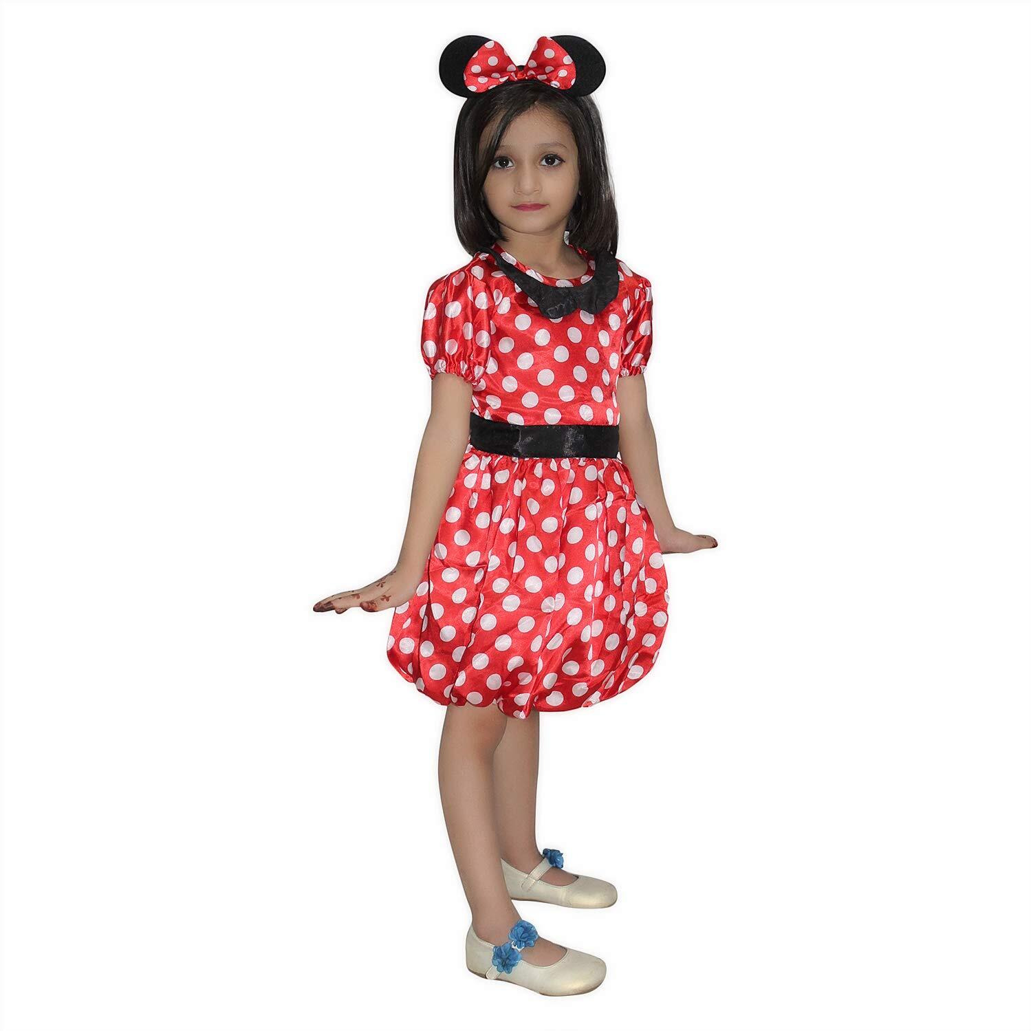 Kaku Fancy Dresses Minnie Girl Cartoon Costume -Red & White, 5-6 Years Kids