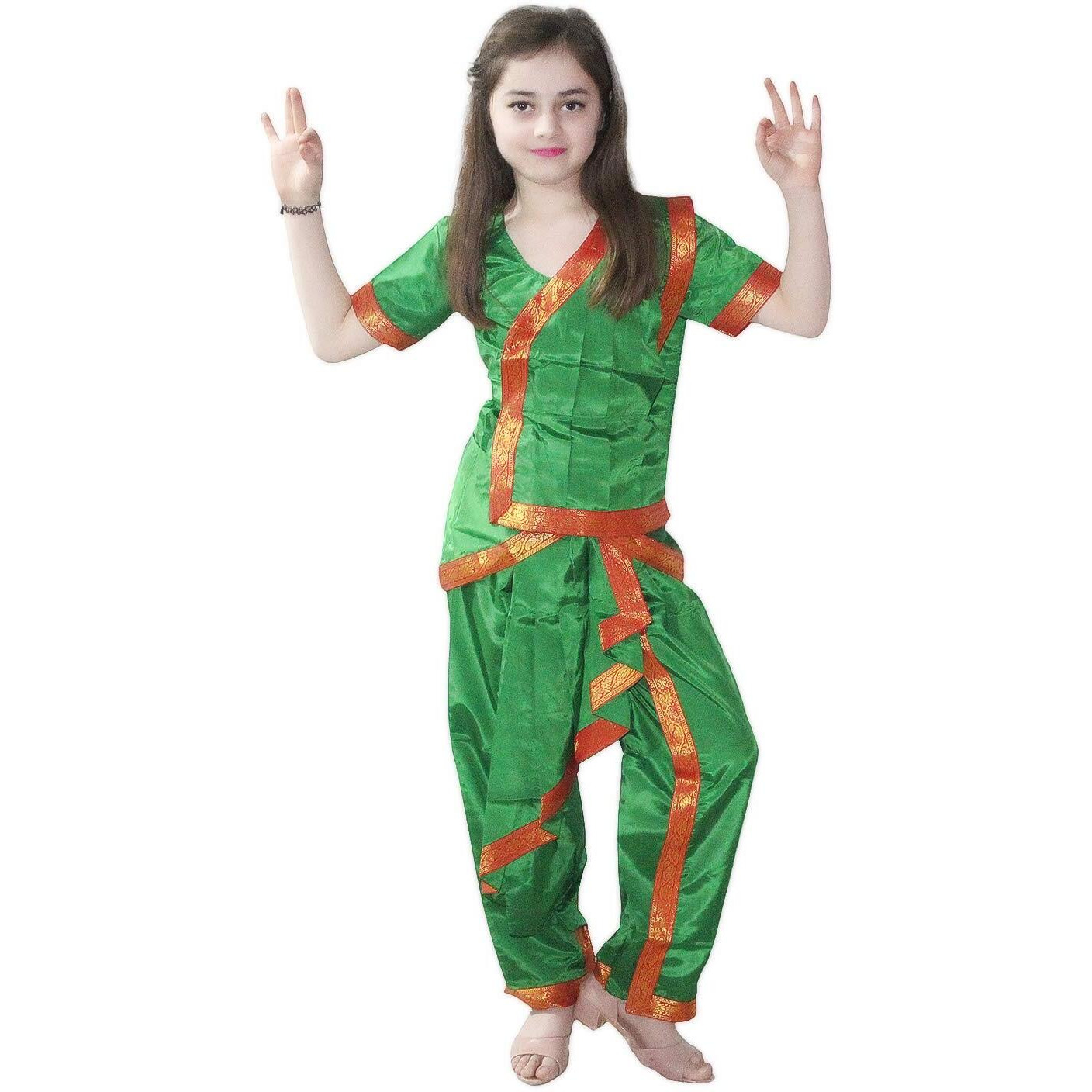 Kaku Fancy Dresses Odissi Classical Dance Costume For Girls - Green, 3-4 Years