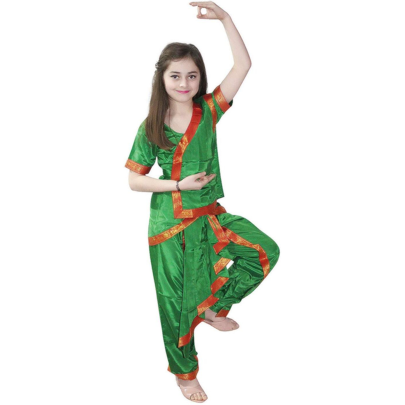 Kaku Fancy Dresses Odissi Classical Dance Costume For Girls - Green, 3-4 Years
