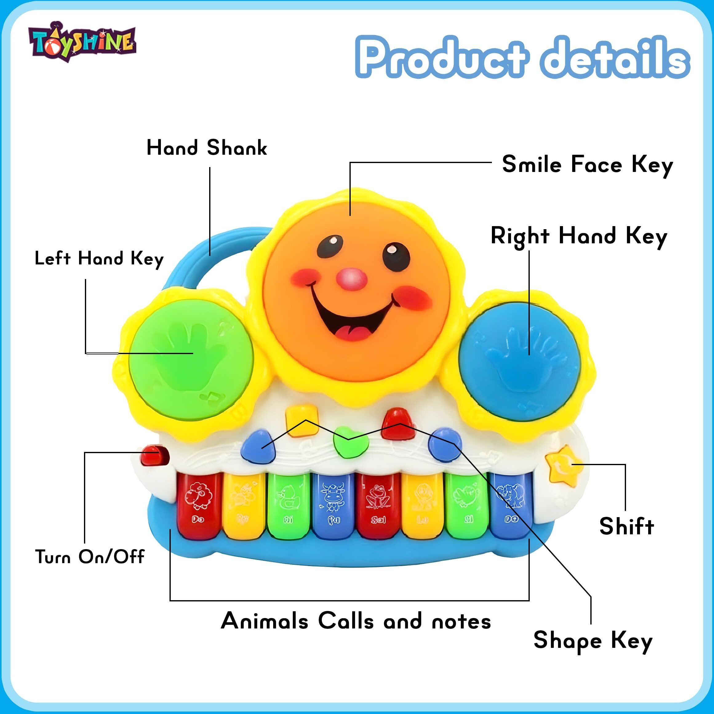 Toyshine Drum Keyboard Musical Toys With Flashing Lights, Animal Sounds And Songs, Multi Color