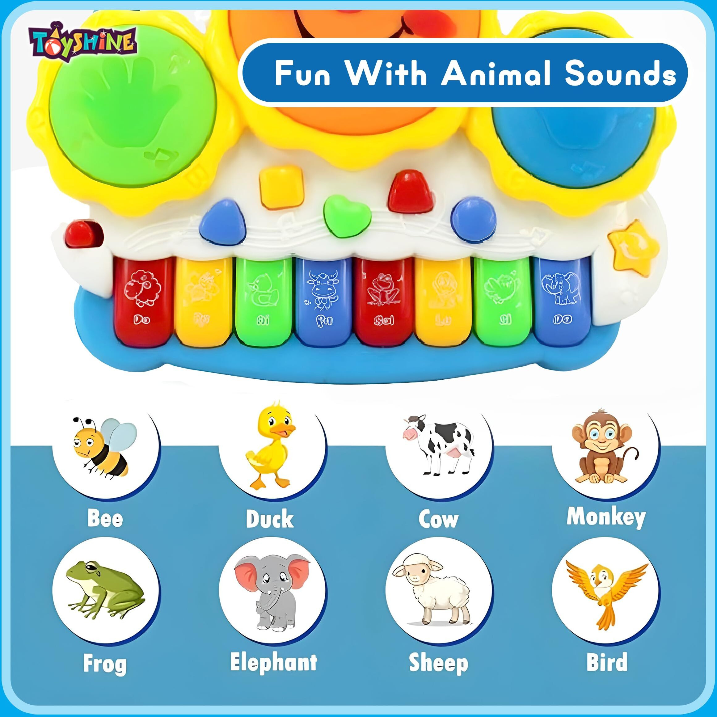 Toyshine Drum Keyboard Musical Toys With Flashing Lights, Animal Sounds And Songs, Multi Color