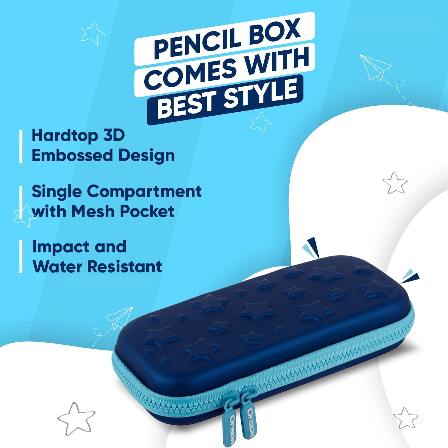 Ofsign Pencil Pouch For Boys, Pencil Case For Girls, School, Student, Embossed Pen Case Holder With Dual Zipper Mesh Pocket, Hard Top Pencil Box For Kids, Birthday Gifts, Stationary Pouch - Blue