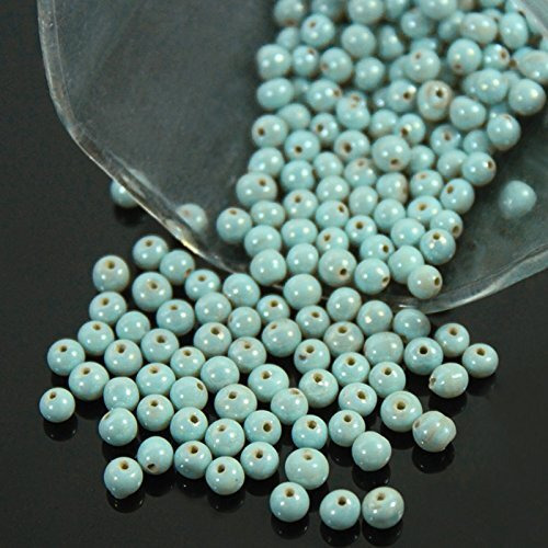 Embroiderymaterial Round Ceramic Glass Beads (Moti) For Jewellery Making, Bracelet Making, Craft, Embroidery Work, Mala Making, Toran Making (Pale Turquoise, 100 Gram, 3 To 5 Mm)