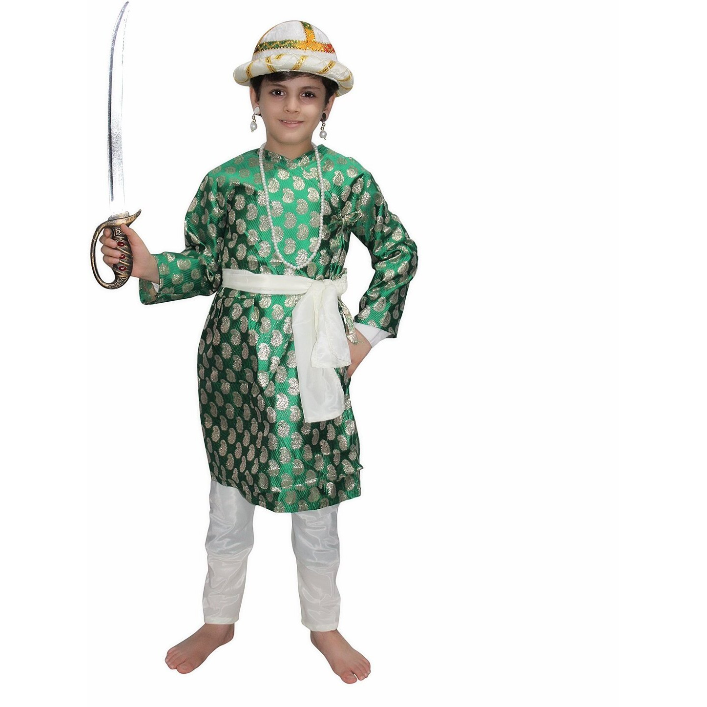 Kaku Fancy Dresses Tipu Sultan Costume/Indian Historical Character Costume -Green, 5-6 Years, For Boys