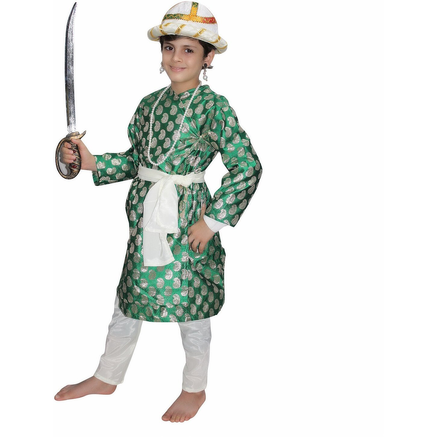 Kaku Fancy Dresses Tipu Sultan Costume/Indian Historical Character Costume -Green, 5-6 Years, For Boys