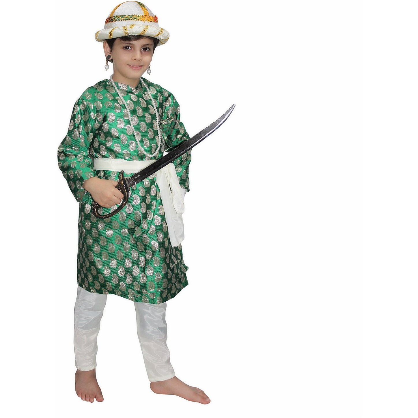 Kaku Fancy Dresses Tipu Sultan Costume/Indian Historical Character Costume -Green, 10-12 Years, For Boys