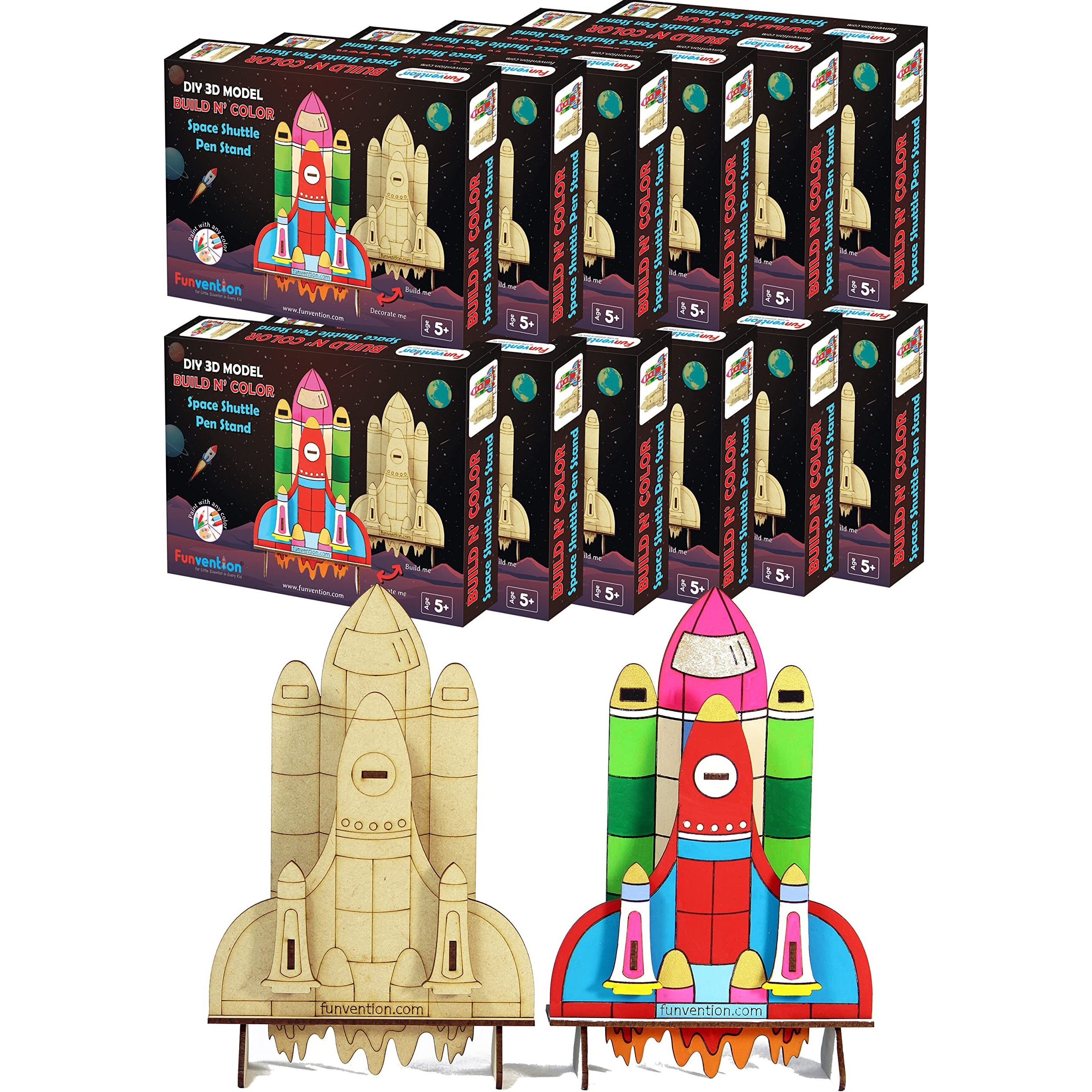 Funvention Space Shuttle - 3D Coloring Model (Pack Of 12) - Diy Desk Organizer Pen Stand - Stem Leanring 3D Puzzle Toy - Art, Coloring And Painting Kit For Kids -Birthday Return Gift,Kids Party Pack