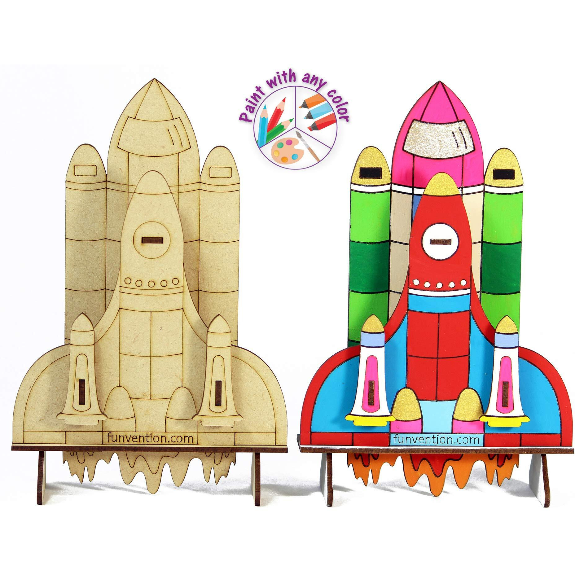 Funvention Space Shuttle - 3D Coloring Model (Pack Of 12) - Diy Desk Organizer Pen Stand - Stem Leanring 3D Puzzle Toy - Art, Coloring And Painting Kit For Kids -Birthday Return Gift,Kids Party Pack
