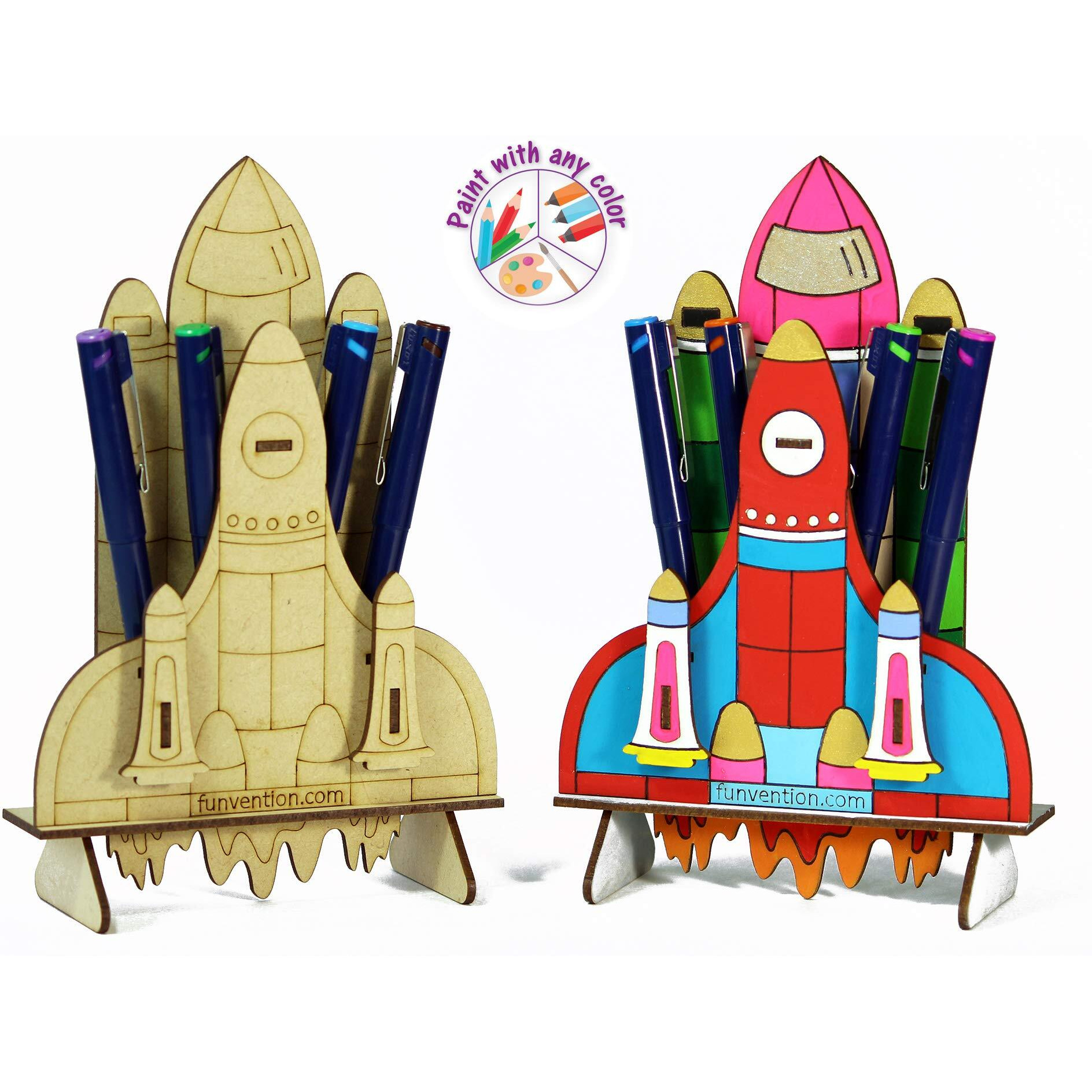 Funvention Space Shuttle - 3D Coloring Model (Pack Of 12) - Diy Desk Organizer Pen Stand - Stem Leanring 3D Puzzle Toy - Art, Coloring And Painting Kit For Kids -Birthday Return Gift,Kids Party Pack