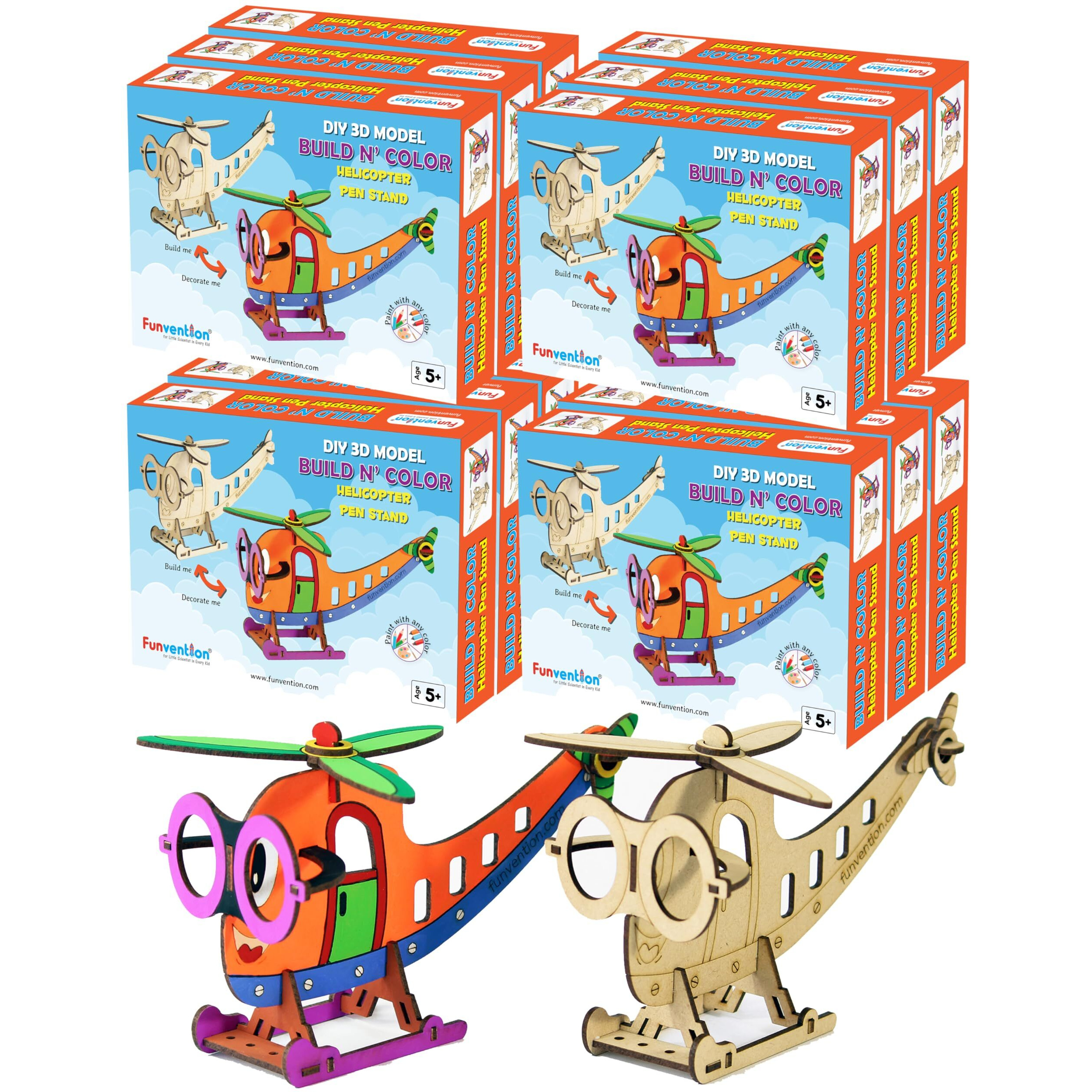 Funvention Helicopter - 3D Coloring Model (Pack Of 12) - Diy Desk Organizer Pen Stand - Stem Leanring 3D Puzzle Toy -Art, Coloring And Painting Kit For Kids -Birthday Return Gift, Kids Party Pack