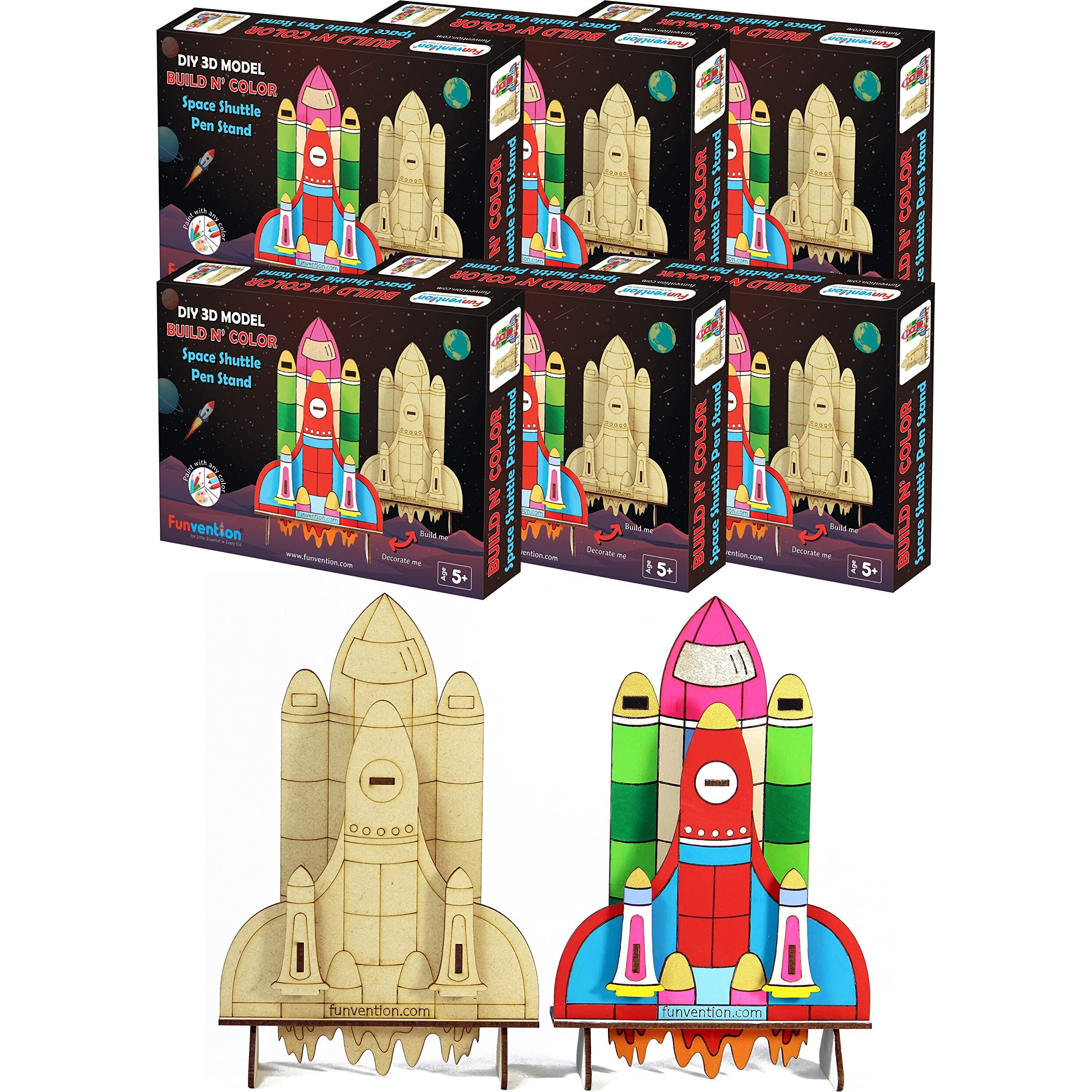 Funvention Space Shuttle - 3D Coloring Model (Pack Of 6) - Diy Desk Organizer Pen Stand - Stem Leanring 3D Puzzle Toy - Art, Coloring And Painting Kit For Kids - Birthday Return Gift,Kids Party Pack