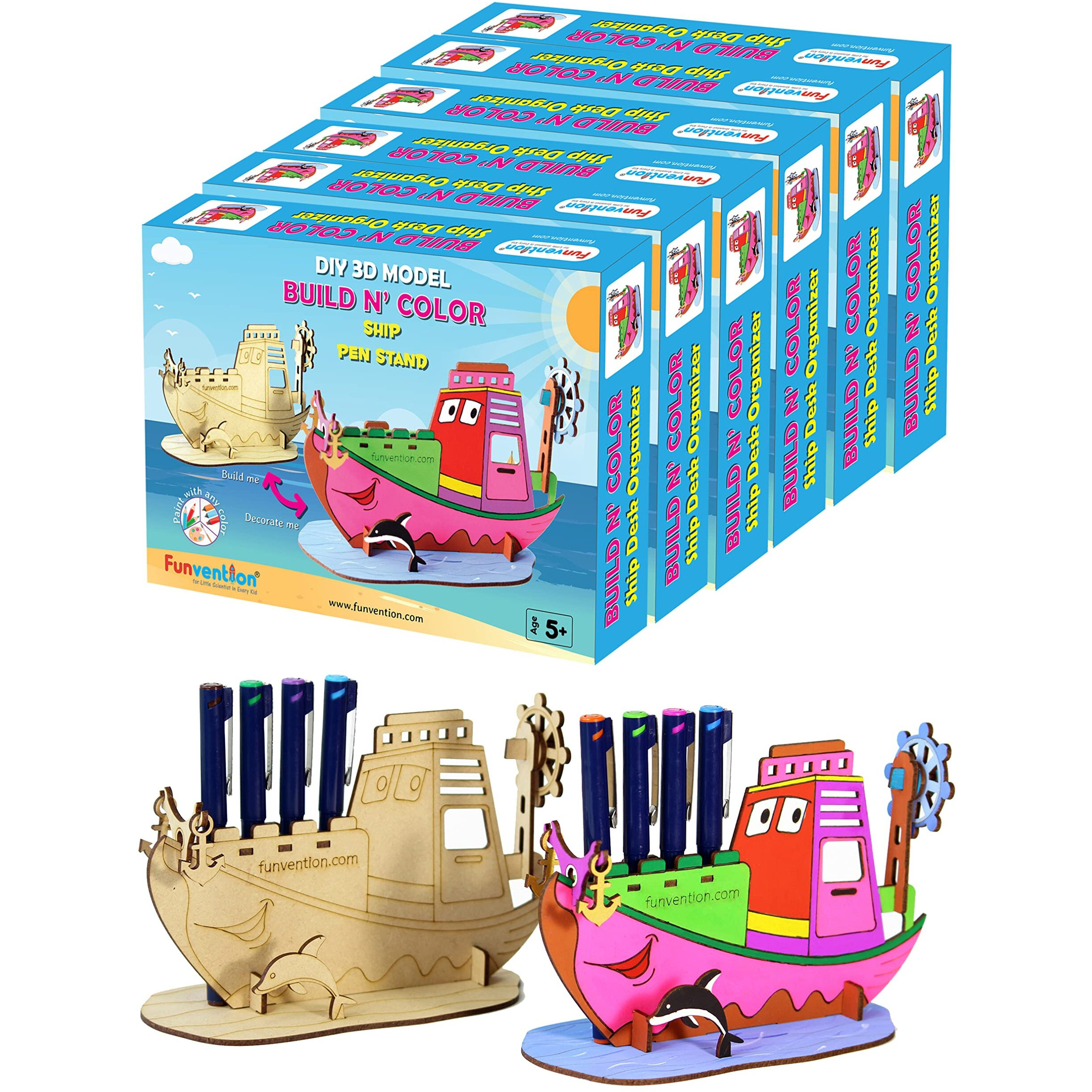 Funvention Ship - 3D Coloring Model (Pack Of 6) - Diy Desk Organizer Pen Stand - Stem Leanring 3D Puzzle Toy - Art, Coloring And Painting Kit For Kids - Birthday Return Gift,Diy Party Pack For Kids